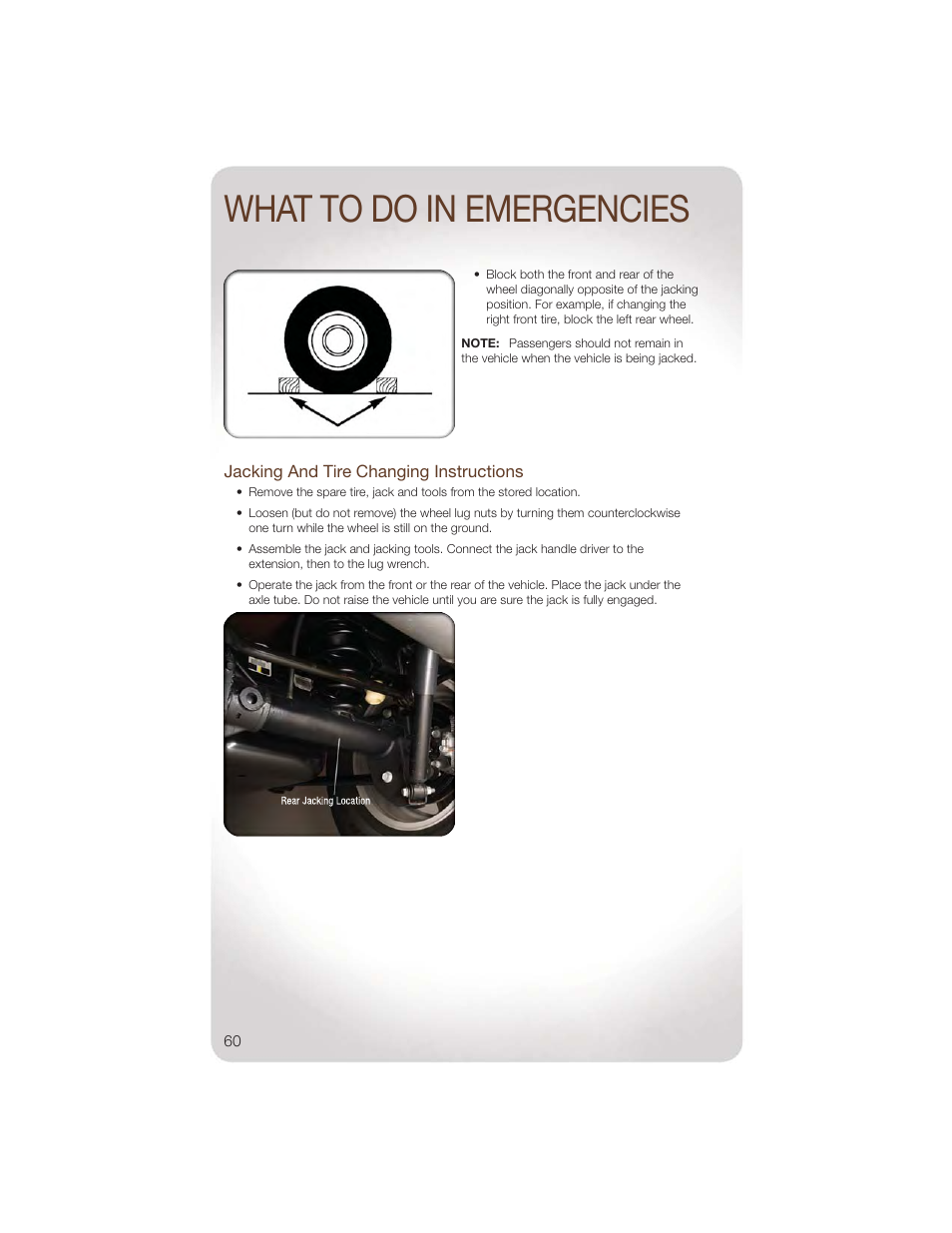 Jacking and tire changing instructions, What to do in emergencies | Jeep 2011 Wrangler - User Guide User Manual | Page 62 / 88