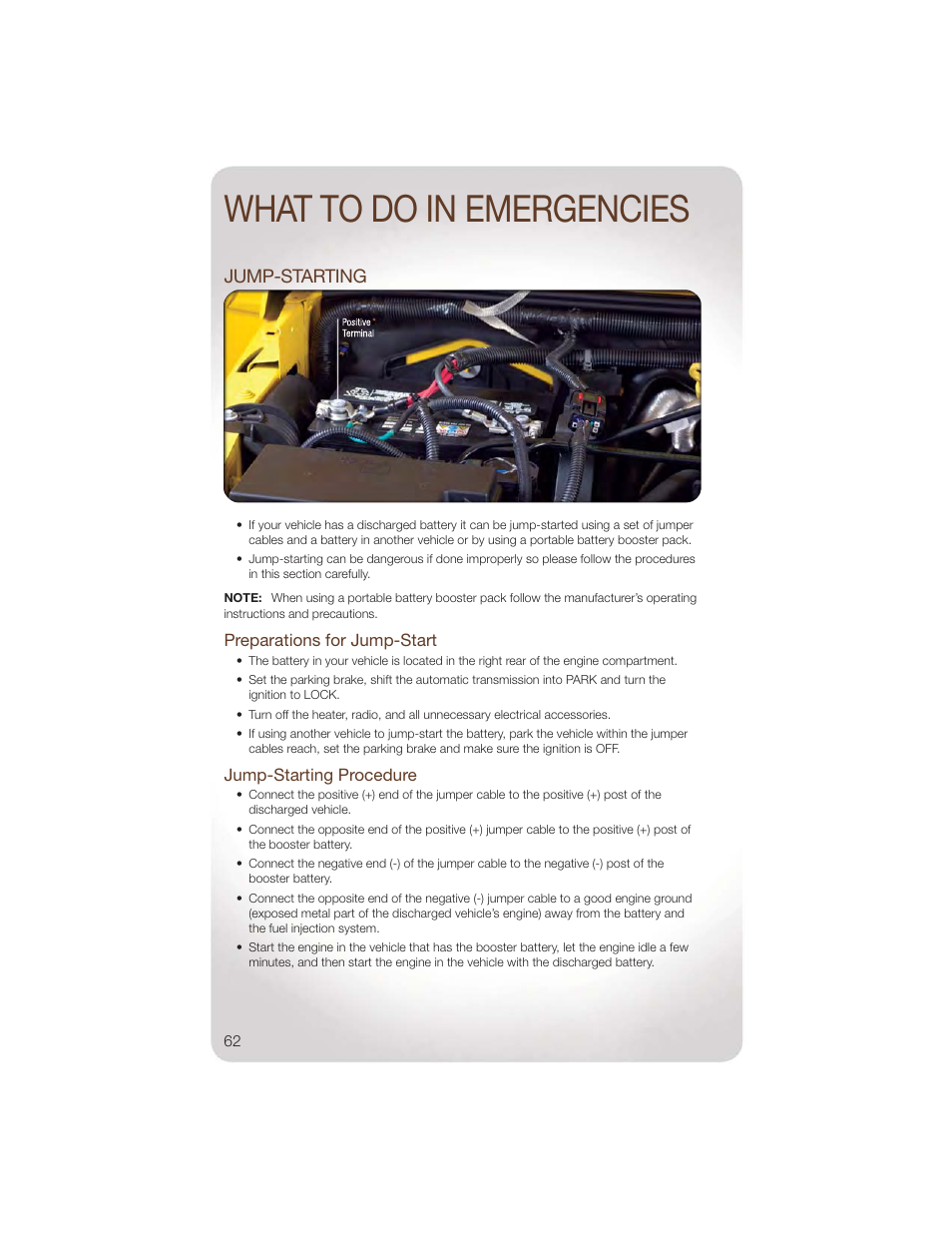 Jump-starting, Preparations for jump-start, Jump-starting procedure | What to do in emergencies | Jeep 2011 Wrangler - User Guide User Manual | Page 64 / 88