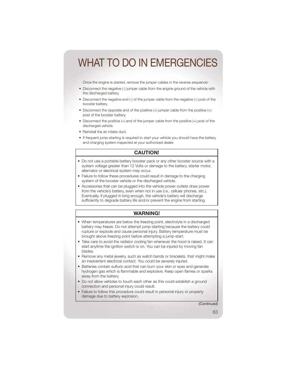 What to do in emergencies | Jeep 2011 Wrangler - User Guide User Manual | Page 65 / 88