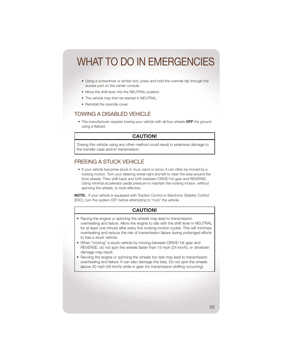 Towing a disabled vehicle, Freeing a stuck vehicle, What to do in emergencies | Jeep 2011 Wrangler - User Guide User Manual | Page 67 / 88