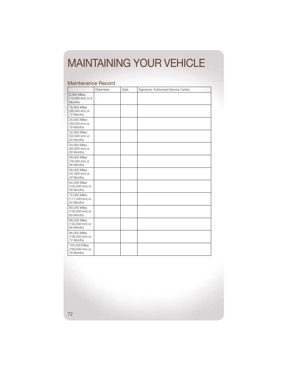 Maintenance record, Maintaining your vehicle | Jeep 2011 Wrangler - User Guide User Manual | Page 74 / 88