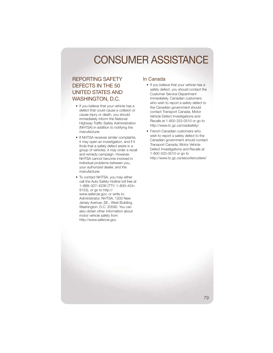 In canada, Consumer assistance | Jeep 2011 Wrangler - User Guide User Manual | Page 81 / 88