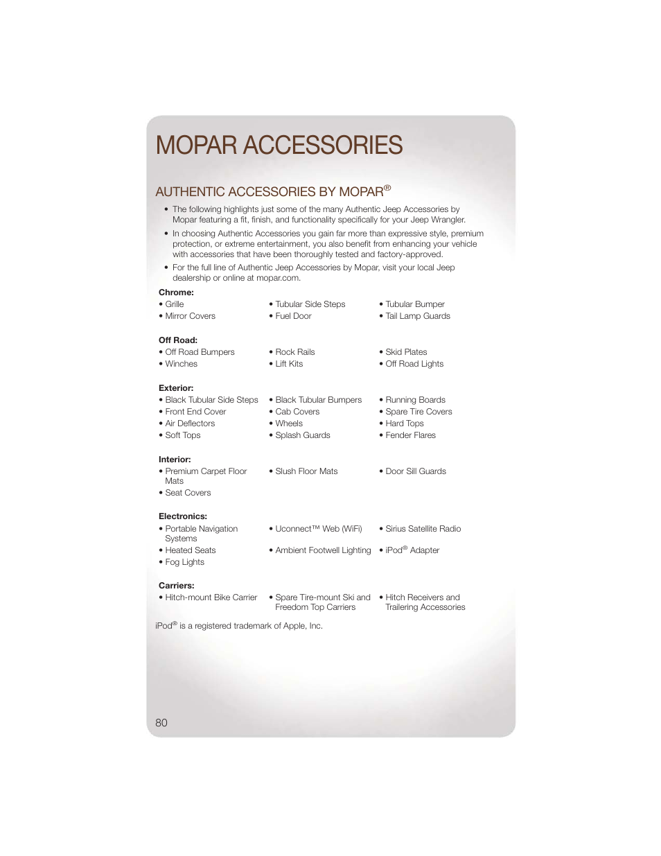 Mopar accessories, Authentic accessories by mopar | Jeep 2011 Wrangler - User Guide User Manual | Page 82 / 88