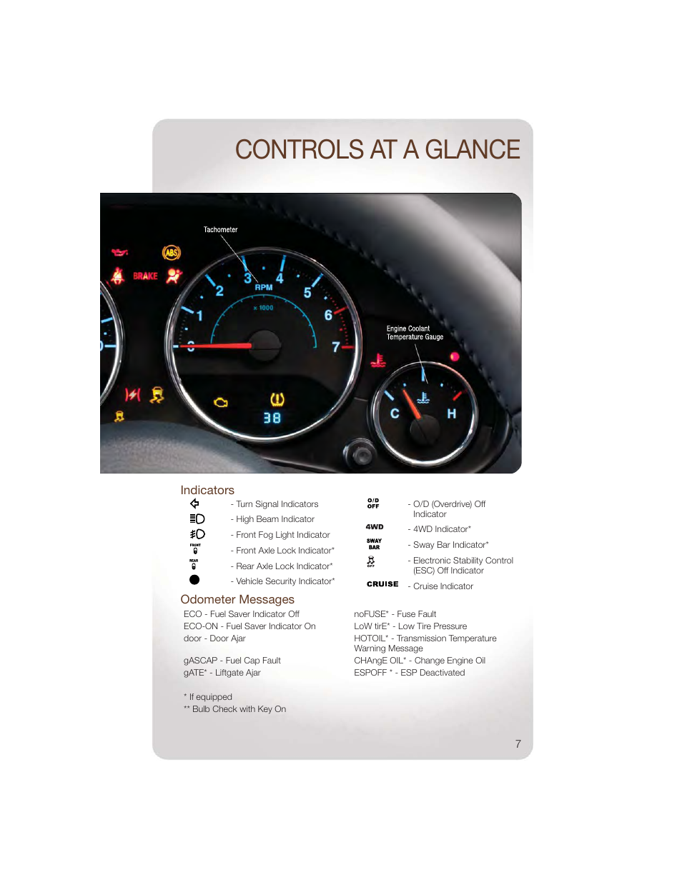Indicators, Odometer messages, Controls at a glance | Jeep 2011 Wrangler - User Guide User Manual | Page 9 / 88