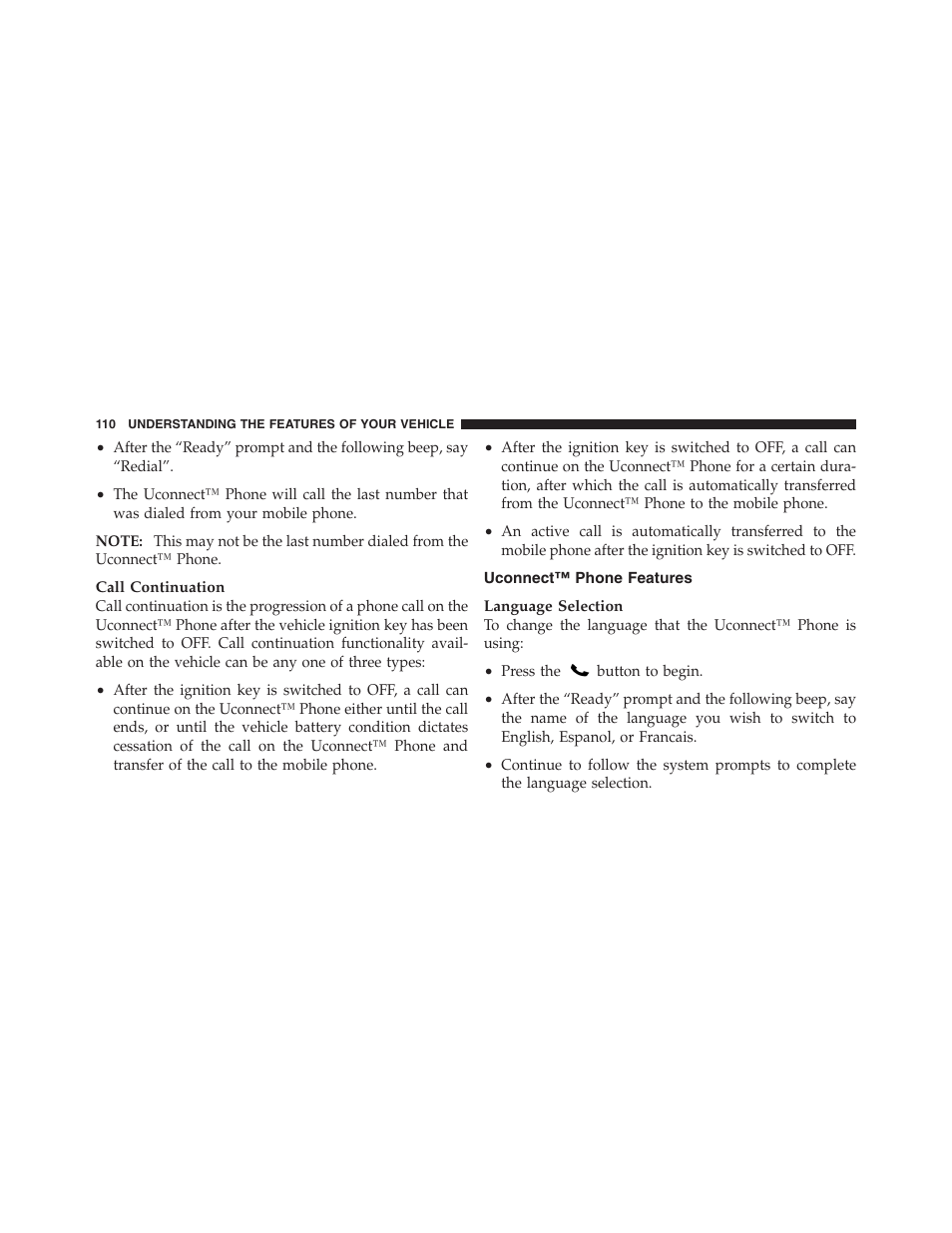 Uconnect™ phone features | Jeep 2012 Compass - Owner Manual User Manual | Page 112 / 497