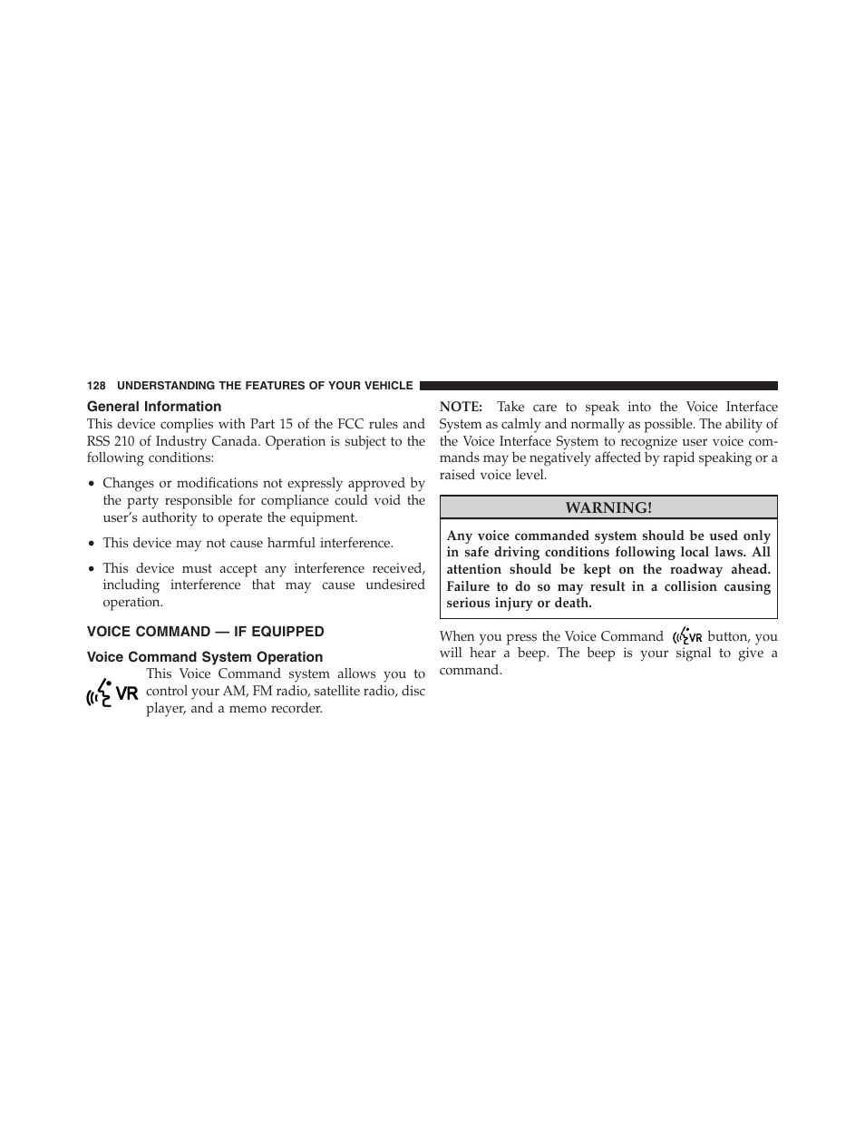 General information, Voice command — if equipped, Voice command system operation | Jeep 2012 Compass - Owner Manual User Manual | Page 130 / 497