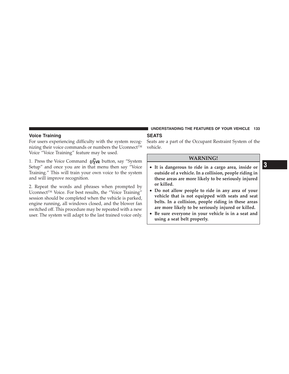 Voice training, Seats | Jeep 2012 Compass - Owner Manual User Manual | Page 135 / 497