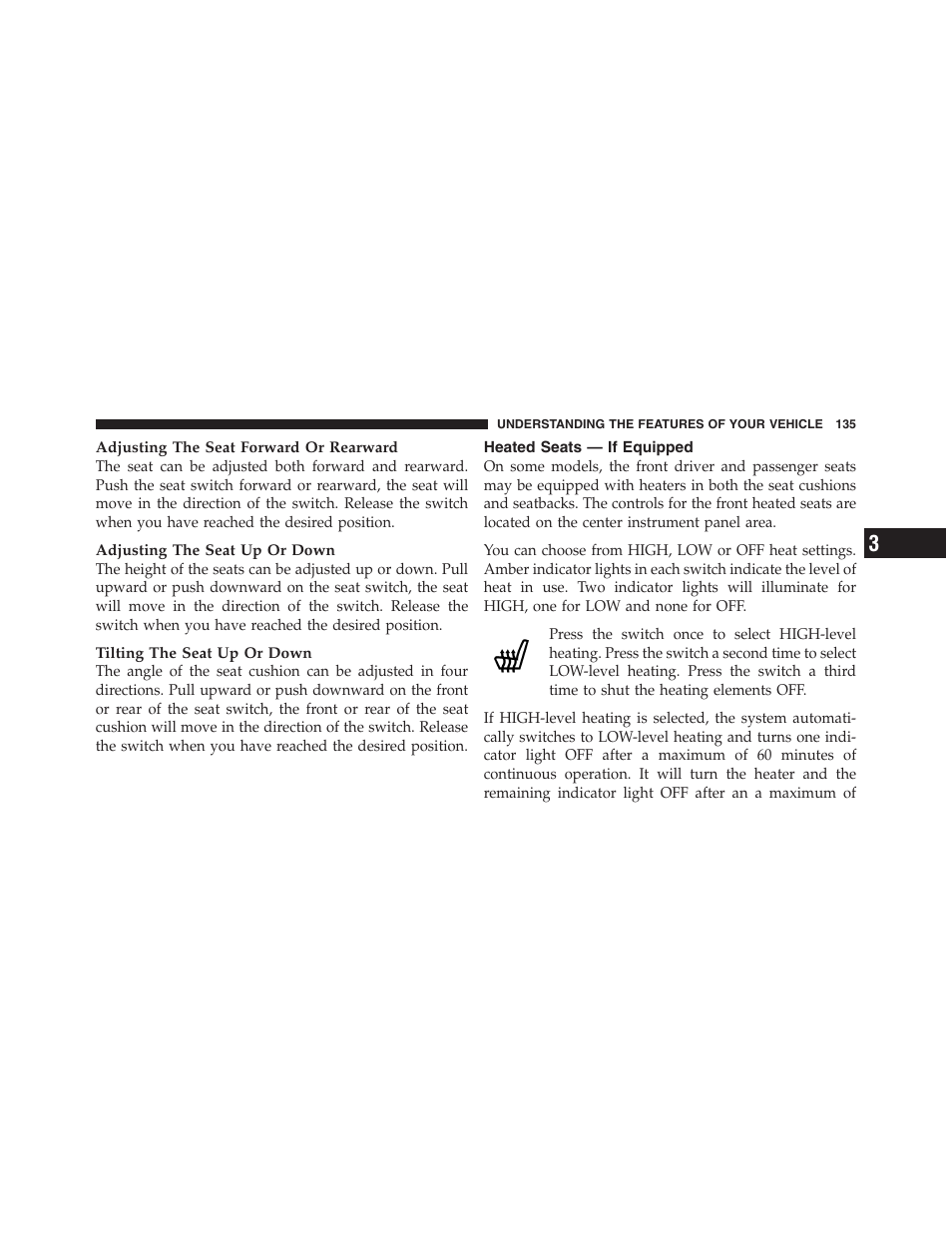 Heated seats — if equipped | Jeep 2012 Compass - Owner Manual User Manual | Page 137 / 497