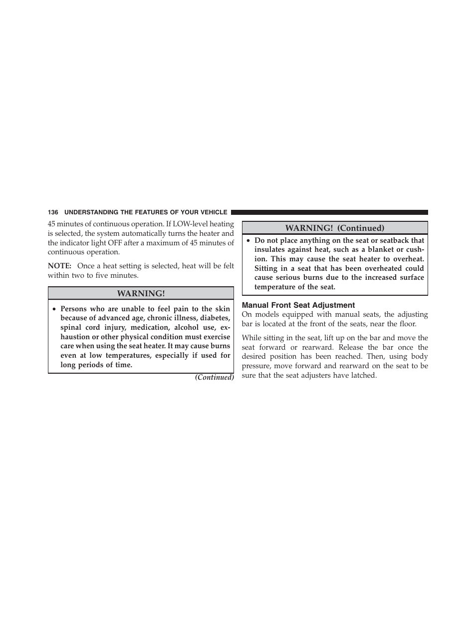 Manual front seat adjustment | Jeep 2012 Compass - Owner Manual User Manual | Page 138 / 497
