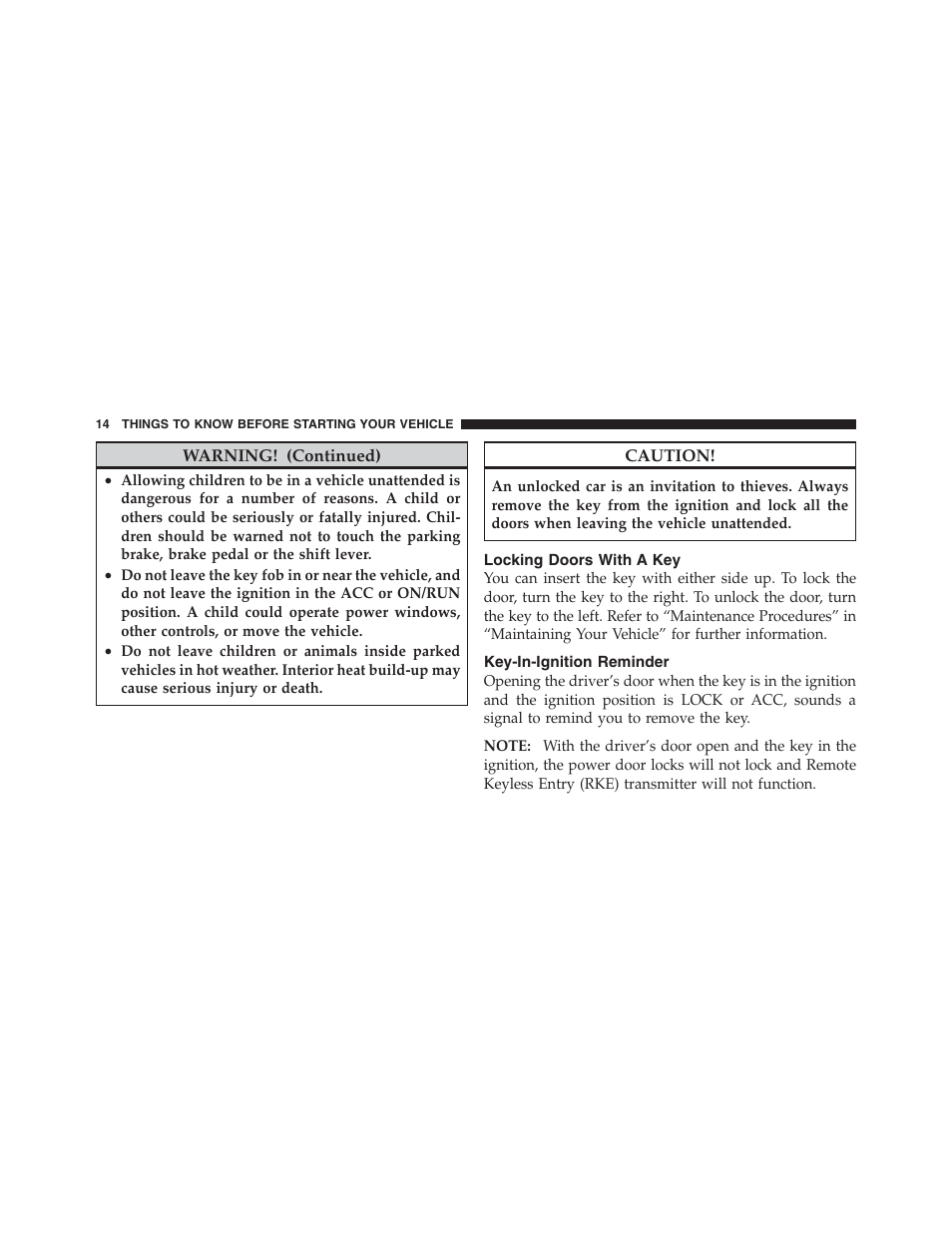 Locking doors with a key, Key-in-ignition reminder | Jeep 2012 Compass - Owner Manual User Manual | Page 16 / 497