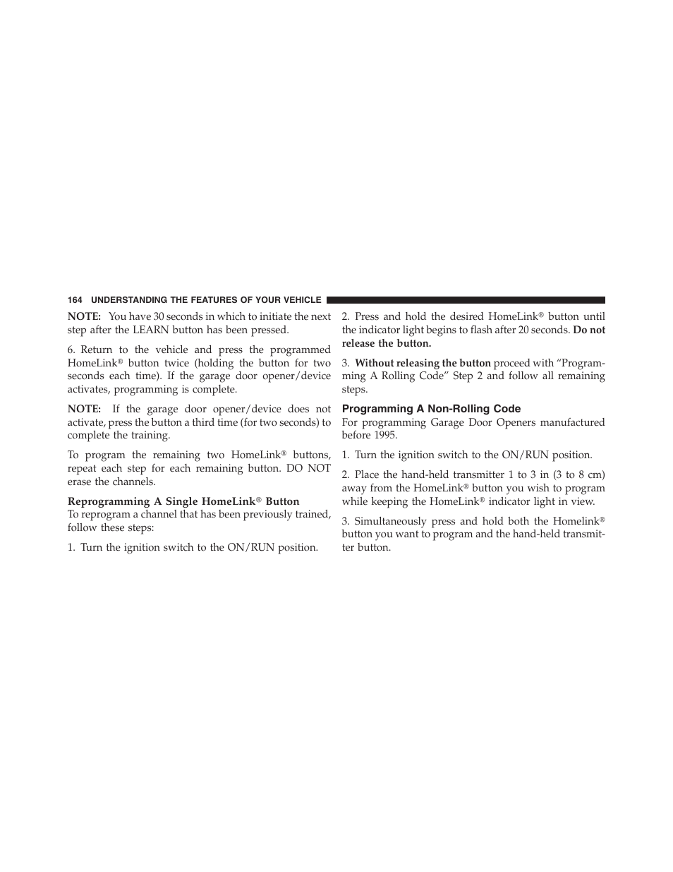 Programming a non-rolling code | Jeep 2012 Compass - Owner Manual User Manual | Page 166 / 497