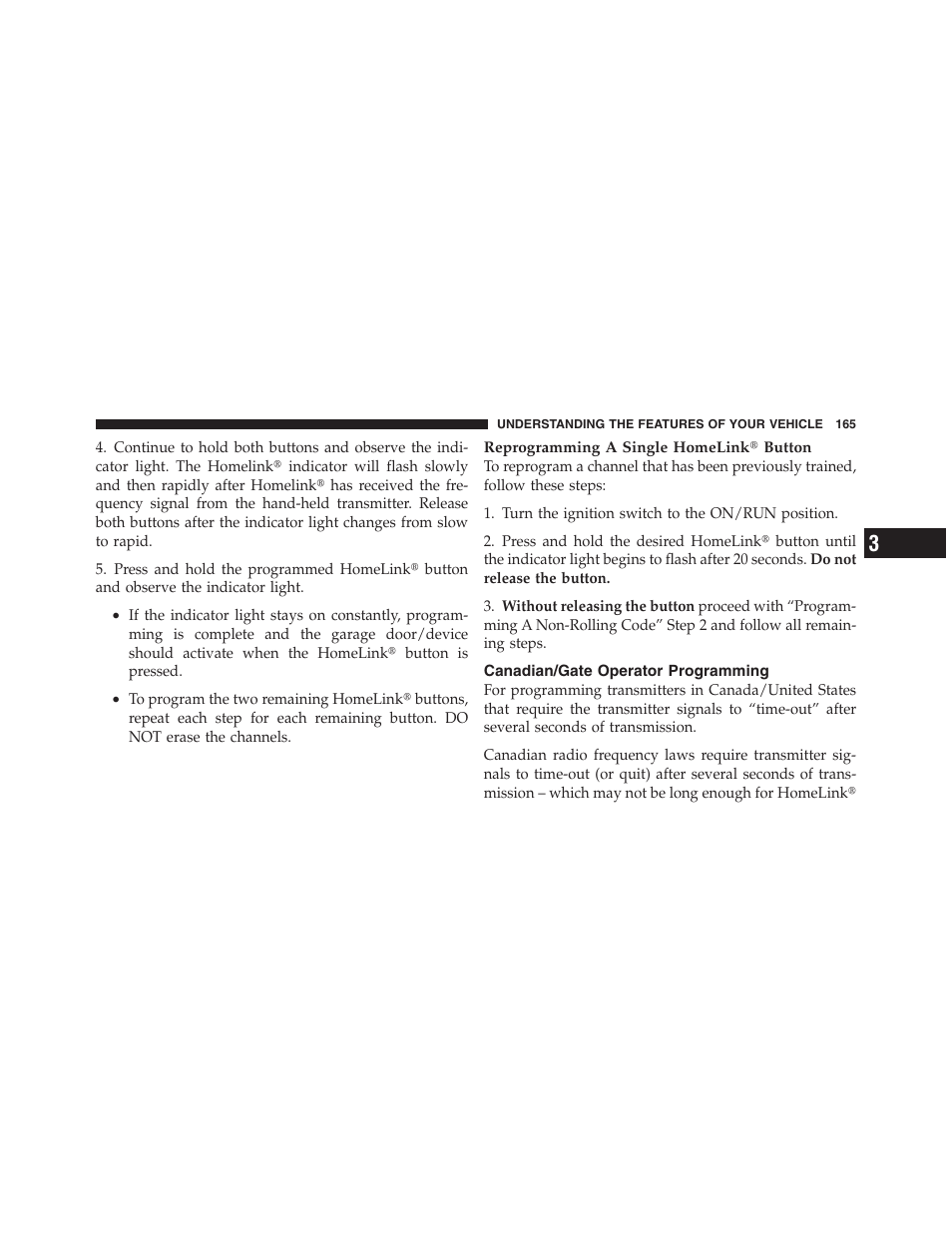 Canadian/gate operator programming | Jeep 2012 Compass - Owner Manual User Manual | Page 167 / 497