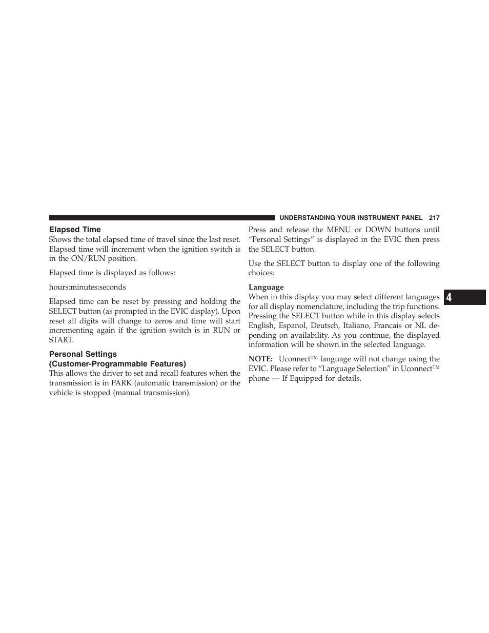 Elapsed time, Personal settings (customer-programmable features), Personal settings | Customer-programmable features) | Jeep 2012 Compass - Owner Manual User Manual | Page 219 / 497