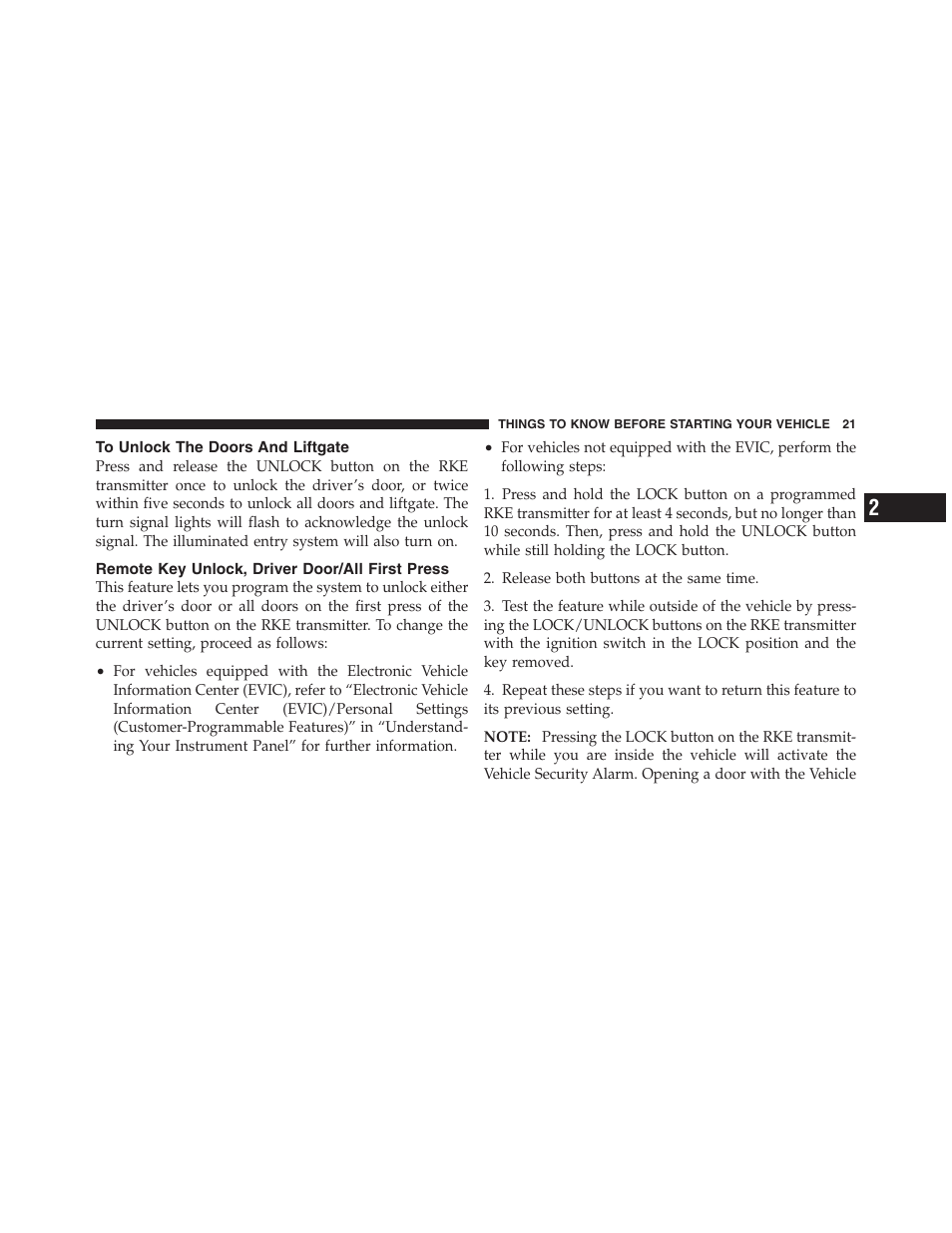 To unlock the doors and liftgate, Remote key unlock, driver door/all first press, Remote key unlock, driver door/all first | Press | Jeep 2012 Compass - Owner Manual User Manual | Page 23 / 497