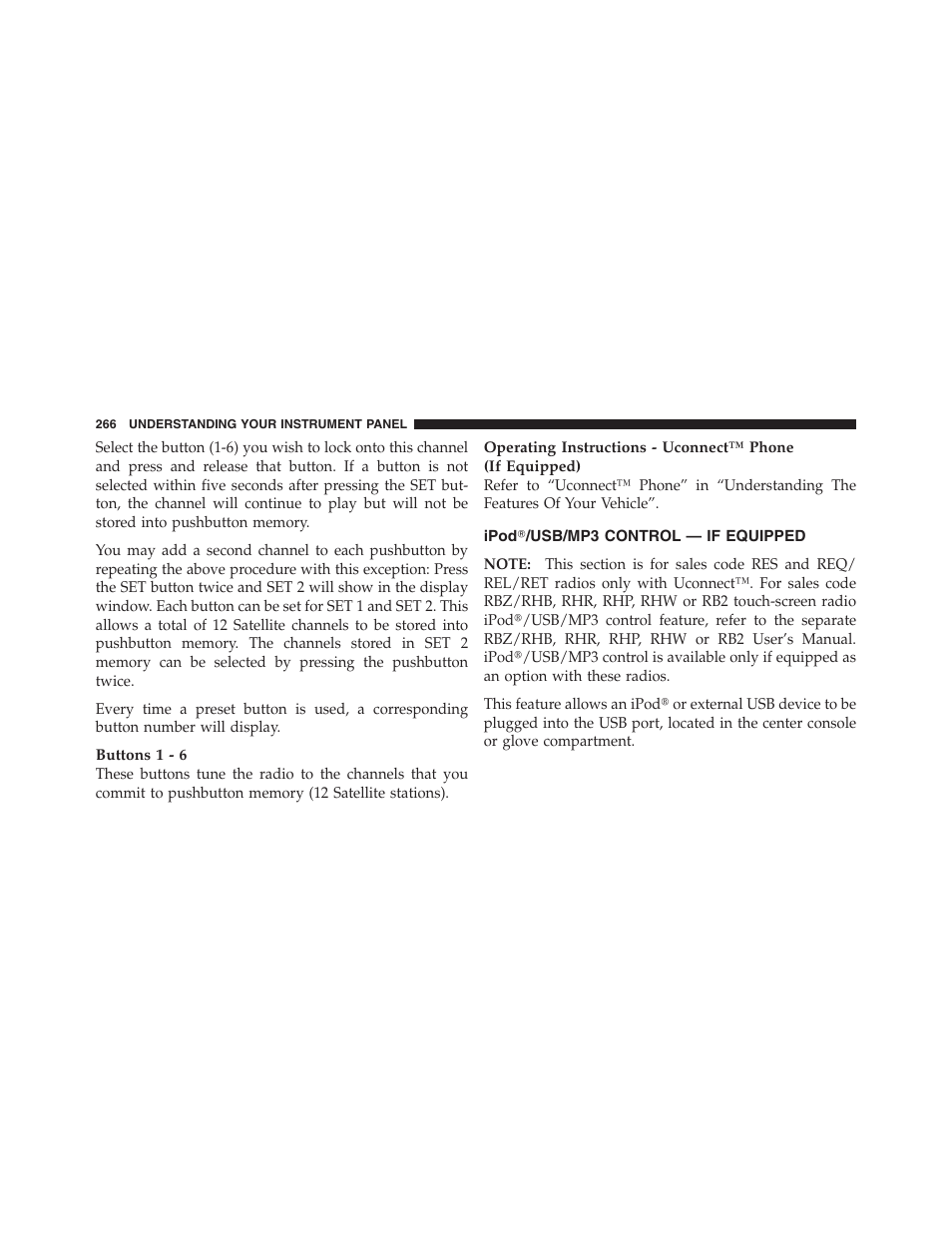 Ipodĥ/usb/mp3 control — if equipped, Ipod௡/usb/mp3 control — if equipped | Jeep 2012 Compass - Owner Manual User Manual | Page 268 / 497