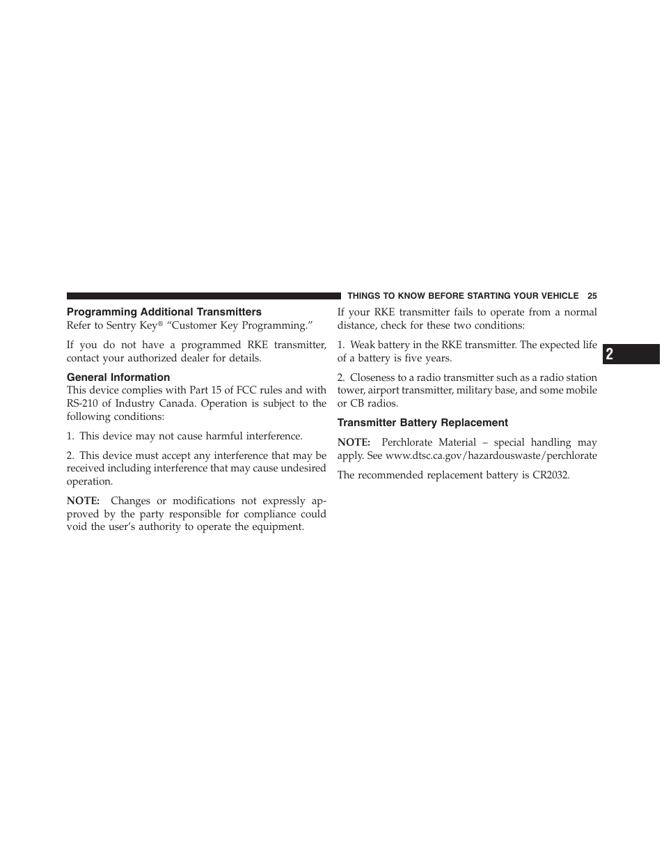 Programming additional transmitters, General information, Transmitter battery replacement | Jeep 2012 Compass - Owner Manual User Manual | Page 27 / 497