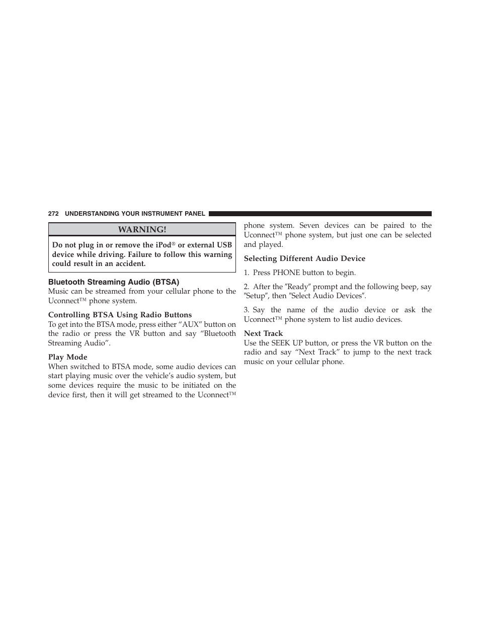Bluetooth streaming audio (btsa) | Jeep 2012 Compass - Owner Manual User Manual | Page 274 / 497