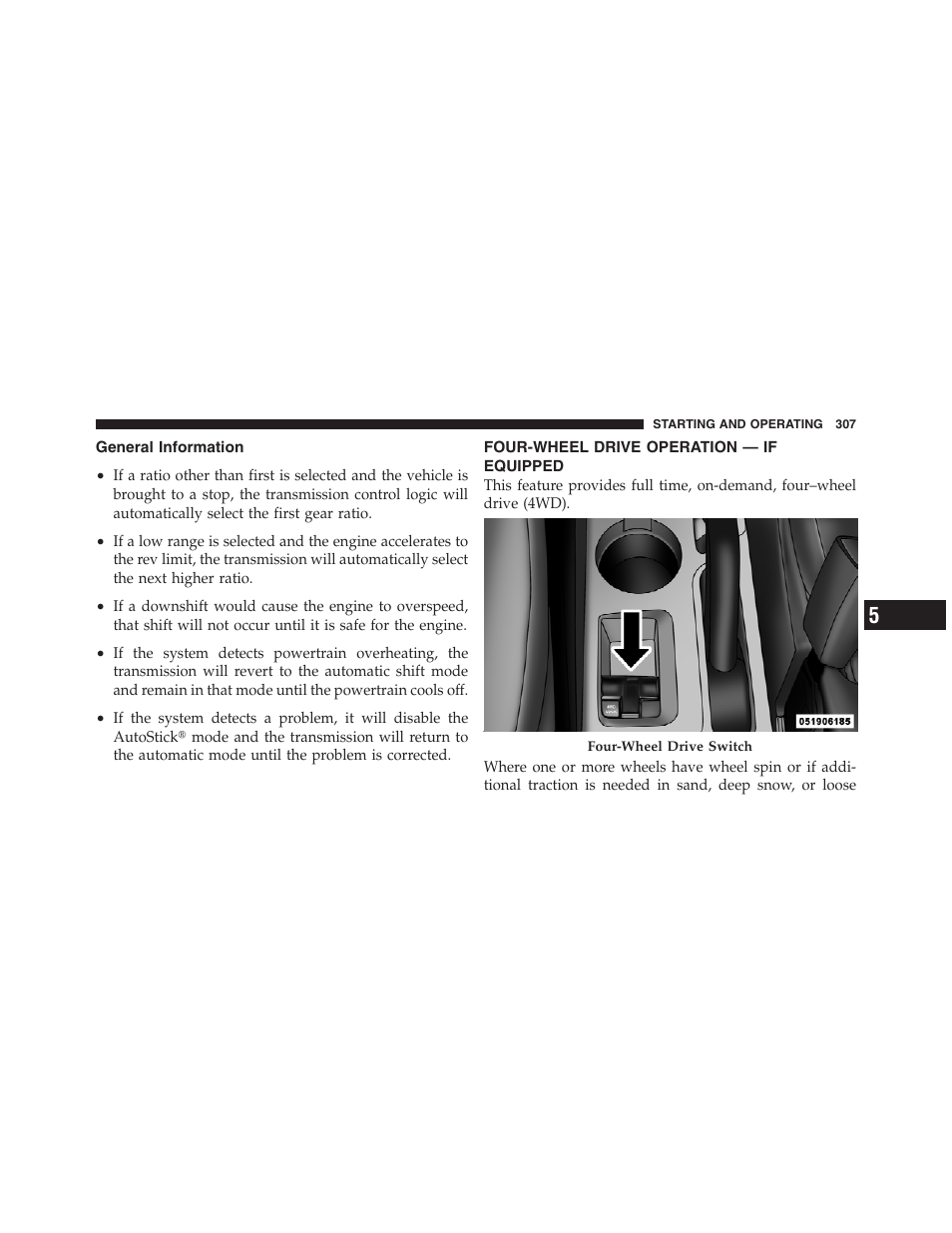 General information, Four-wheel drive operation — if equipped | Jeep 2012 Compass - Owner Manual User Manual | Page 309 / 497