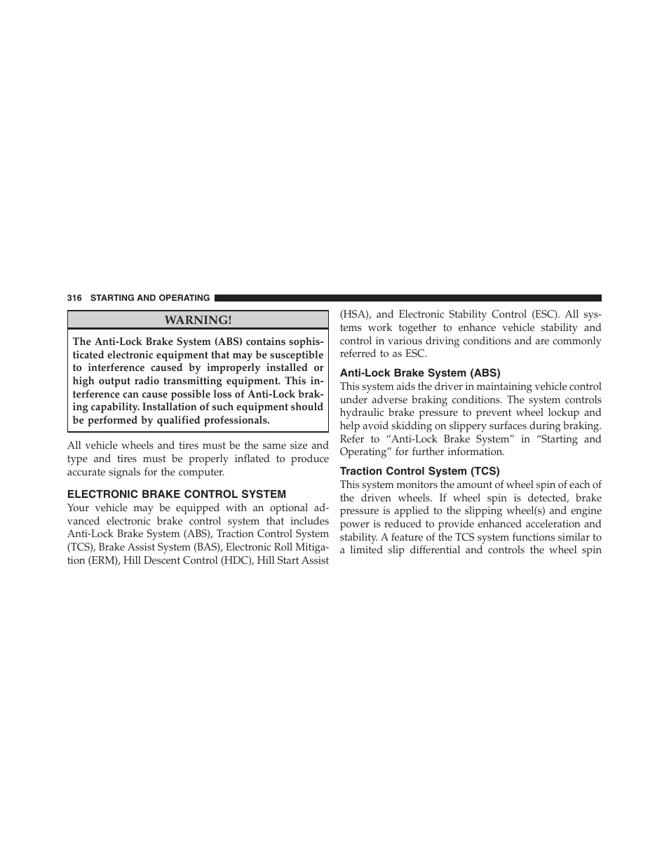 Electronic brake control system, Anti-lock brake system (abs), Traction control system (tcs) | Jeep 2012 Compass - Owner Manual User Manual | Page 318 / 497