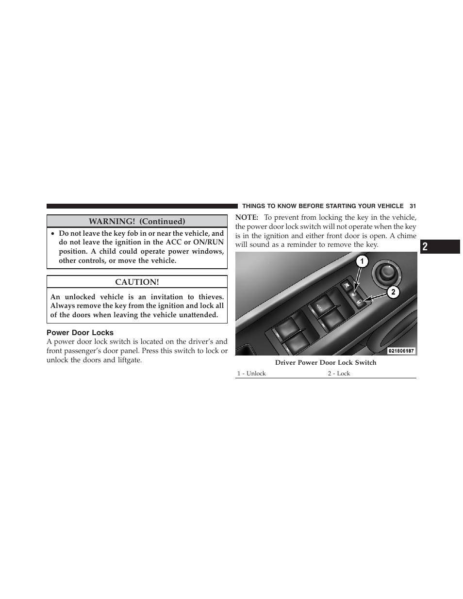 Power door locks | Jeep 2012 Compass - Owner Manual User Manual | Page 33 / 497