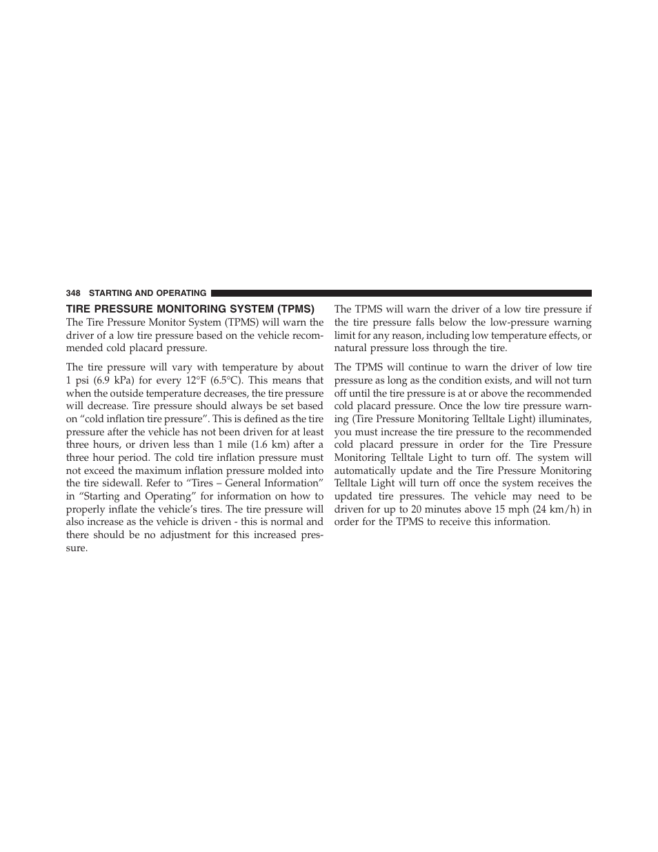 Tire pressure monitoring system (tpms) | Jeep 2012 Compass - Owner Manual User Manual | Page 350 / 497