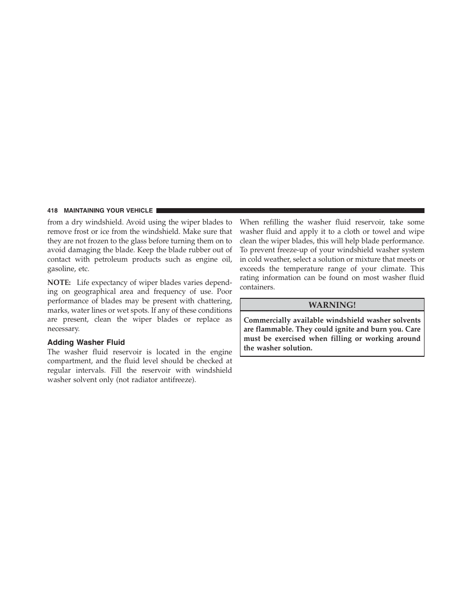 Adding washer fluid | Jeep 2012 Compass - Owner Manual User Manual | Page 420 / 497