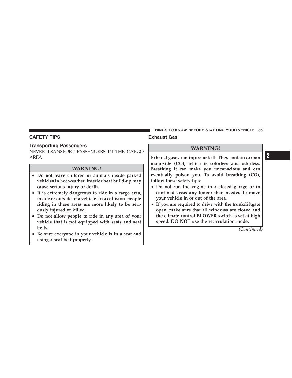 Safety tips, Transporting passengers, Exhaust gas | Jeep 2012 Compass - Owner Manual User Manual | Page 87 / 497