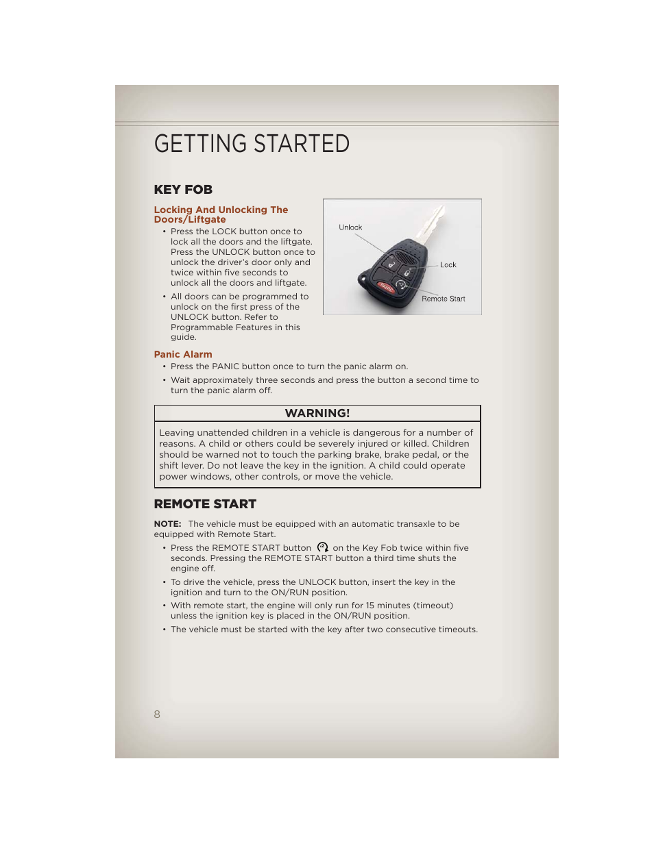 Getting started, Key fob, Locking and unlocking the doors/liftgate | Panic alarm, Remote start, Warning | Jeep 2012 Compass - User Guide User Manual | Page 10 / 108