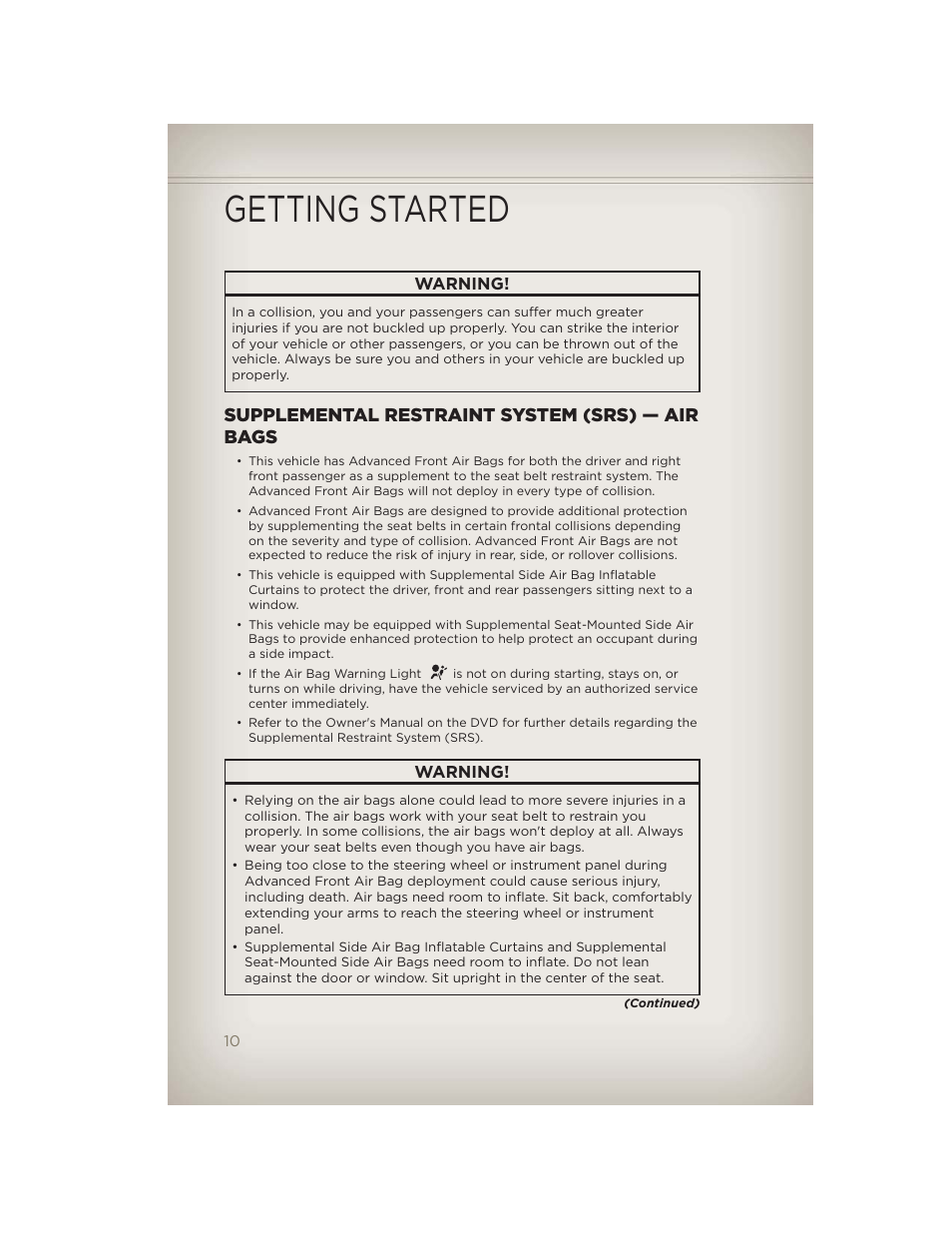 Supplemental restraint system (srs) — air bags, Getting started | Jeep 2012 Compass - User Guide User Manual | Page 12 / 108
