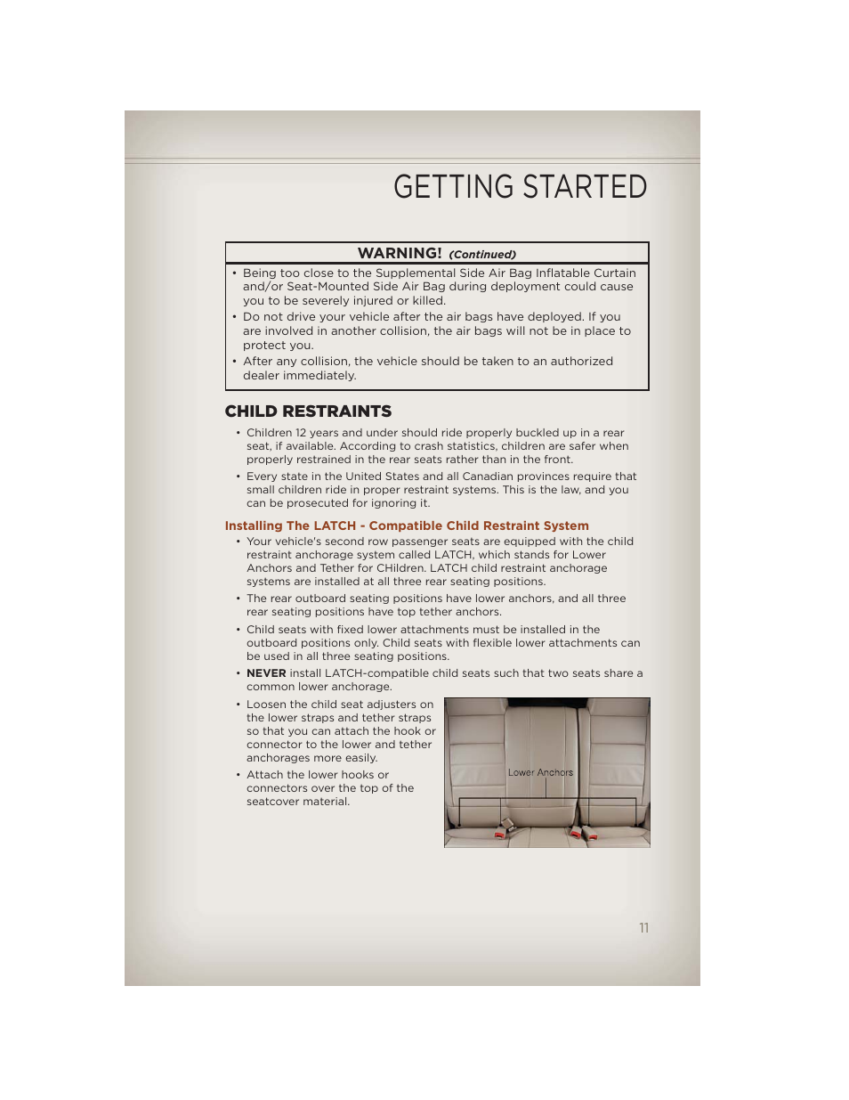 Child restraints, Getting started | Jeep 2012 Compass - User Guide User Manual | Page 13 / 108