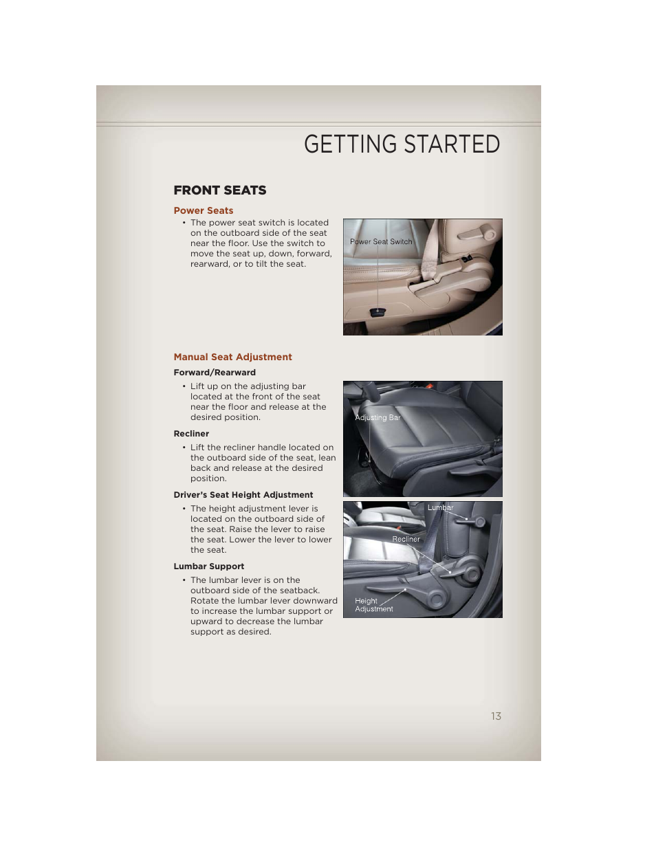 Front seats, Power seats, Manual seat adjustment | Getting started | Jeep 2012 Compass - User Guide User Manual | Page 15 / 108