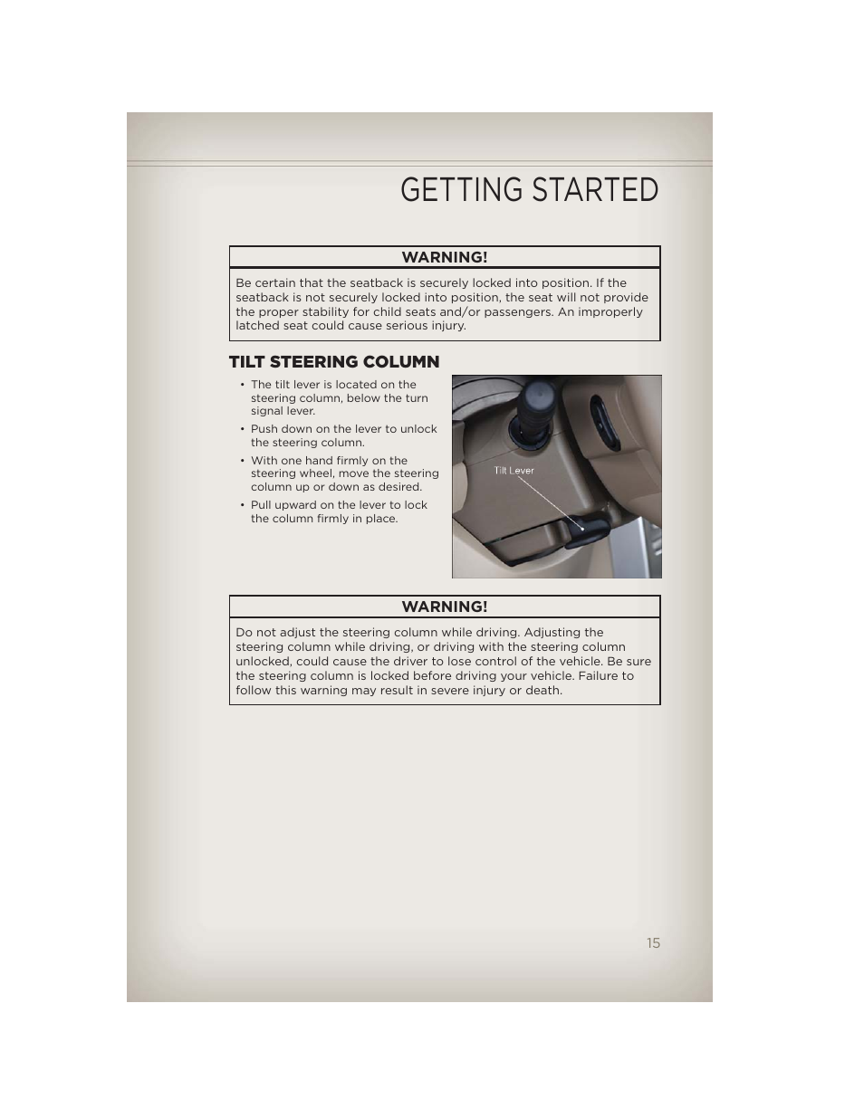 Tilt steering column, Getting started | Jeep 2012 Compass - User Guide User Manual | Page 17 / 108