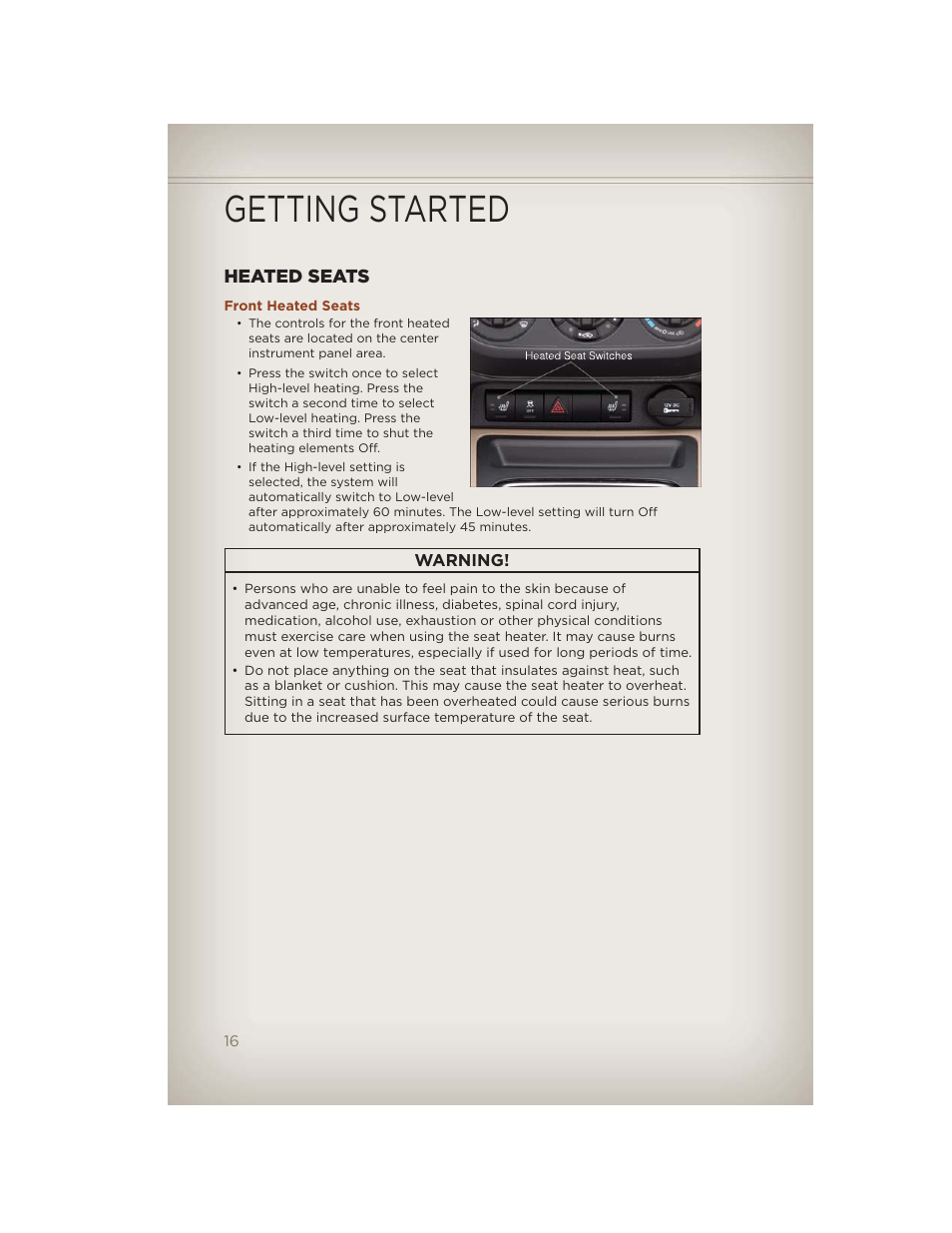 Heated seats, Front heated seats, Getting started | Jeep 2012 Compass - User Guide User Manual | Page 18 / 108