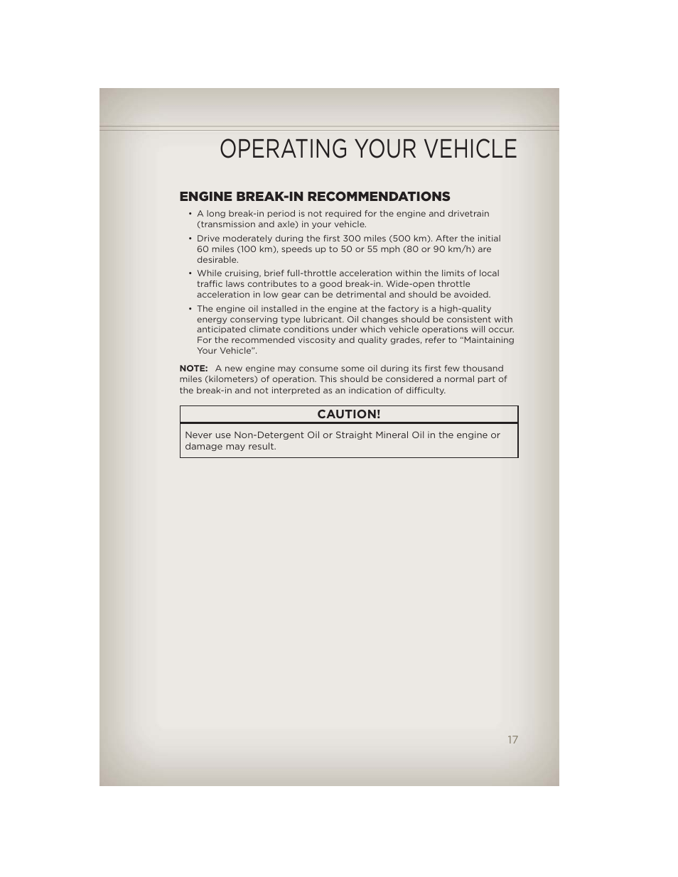 Operating your vehicle, Engine break-in recommendations | Jeep 2012 Compass - User Guide User Manual | Page 19 / 108