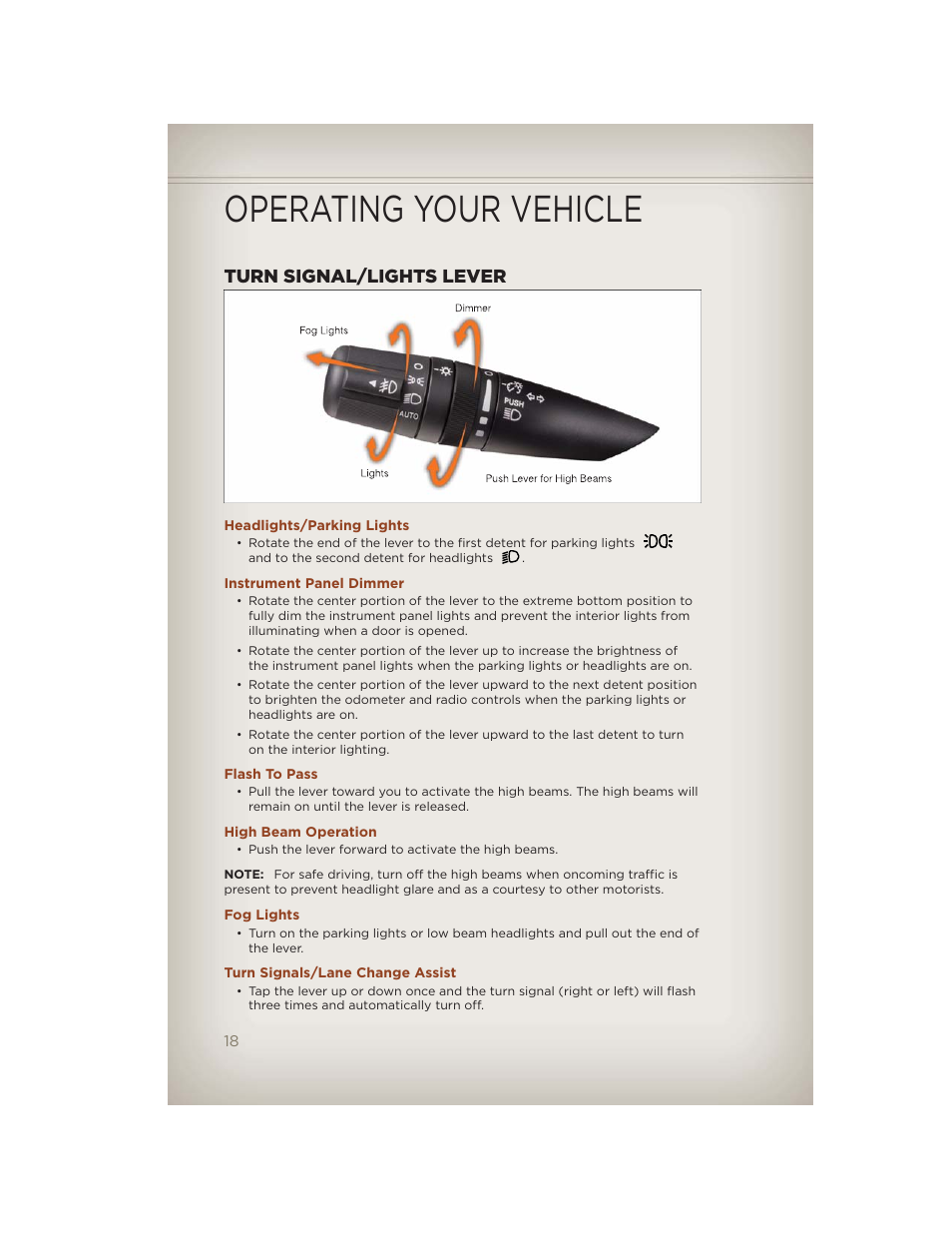 Turn signal/lights lever, Headlights/parking lights, Instrument panel dimmer | Flash to pass, High beam operation, Fog lights, Turn signals/lane change assist, Operating your vehicle | Jeep 2012 Compass - User Guide User Manual | Page 20 / 108