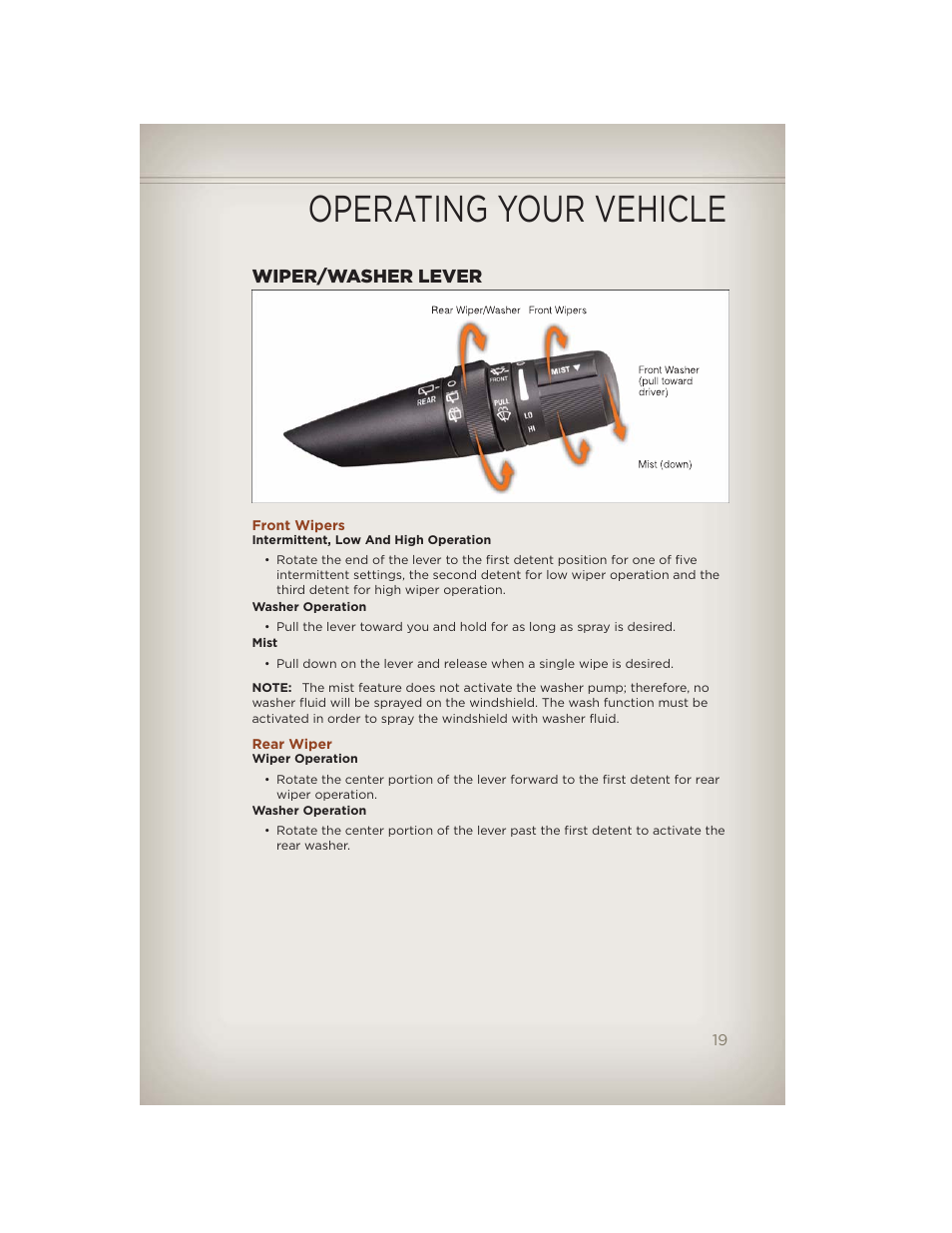 Wiper/washer lever, Front wipers, Rear wiper | Operating your vehicle | Jeep 2012 Compass - User Guide User Manual | Page 21 / 108