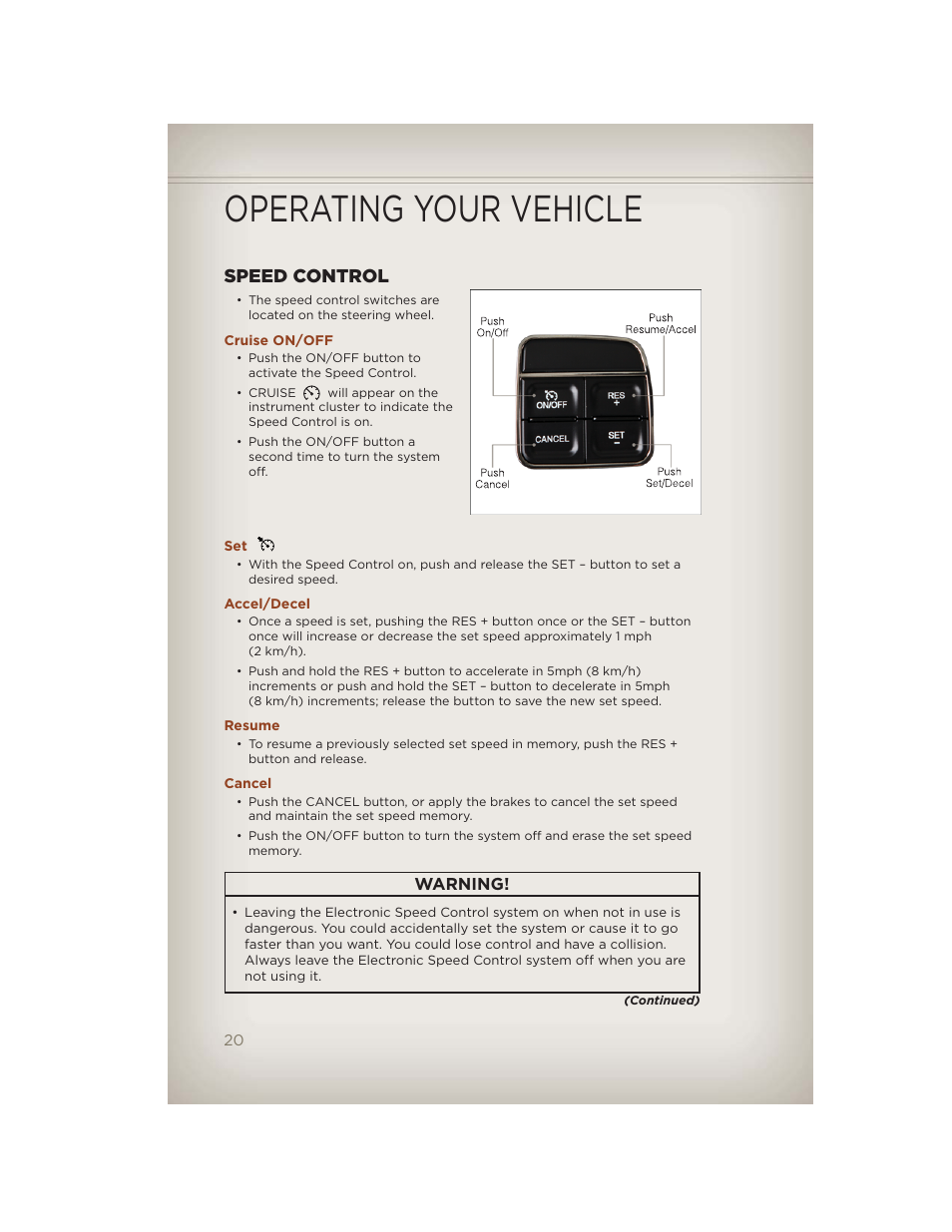 Speed control, Cruise on/off, Accel/decel | Resume, Cancel, Operating your vehicle, Warning | Jeep 2012 Compass - User Guide User Manual | Page 22 / 108