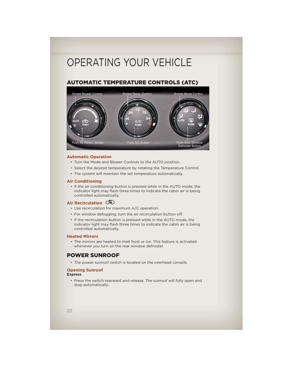 Automatic temperature controls (atc), Automatic operation, Air conditioning | Air recirculation, Heated mirrors, Power sunroof, Opening sunroof, Operating your vehicle | Jeep 2012 Compass - User Guide User Manual | Page 24 / 108