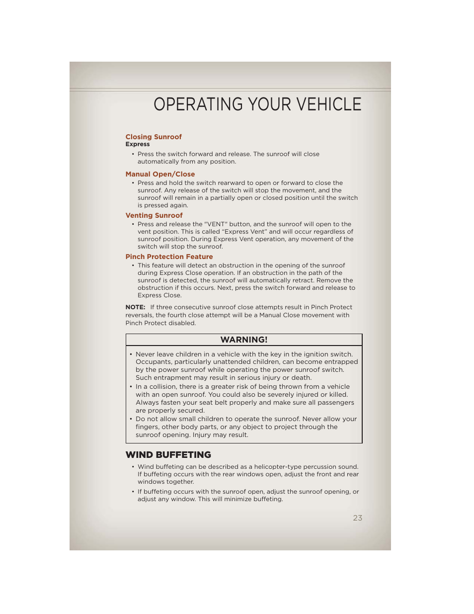 Closing sunroof, Manual open/close, Venting sunroof | Pinch protection feature, Wind buffeting, Operating your vehicle | Jeep 2012 Compass - User Guide User Manual | Page 25 / 108