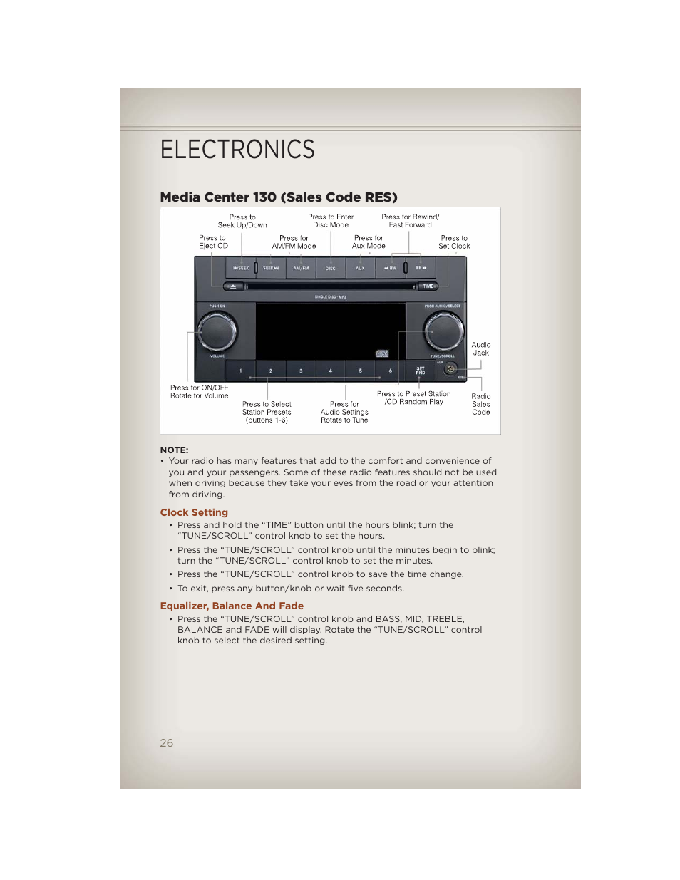 Media center 130 (sales code res), Clock setting, Equalizer, balance and fade | Electronics | Jeep 2012 Compass - User Guide User Manual | Page 28 / 108