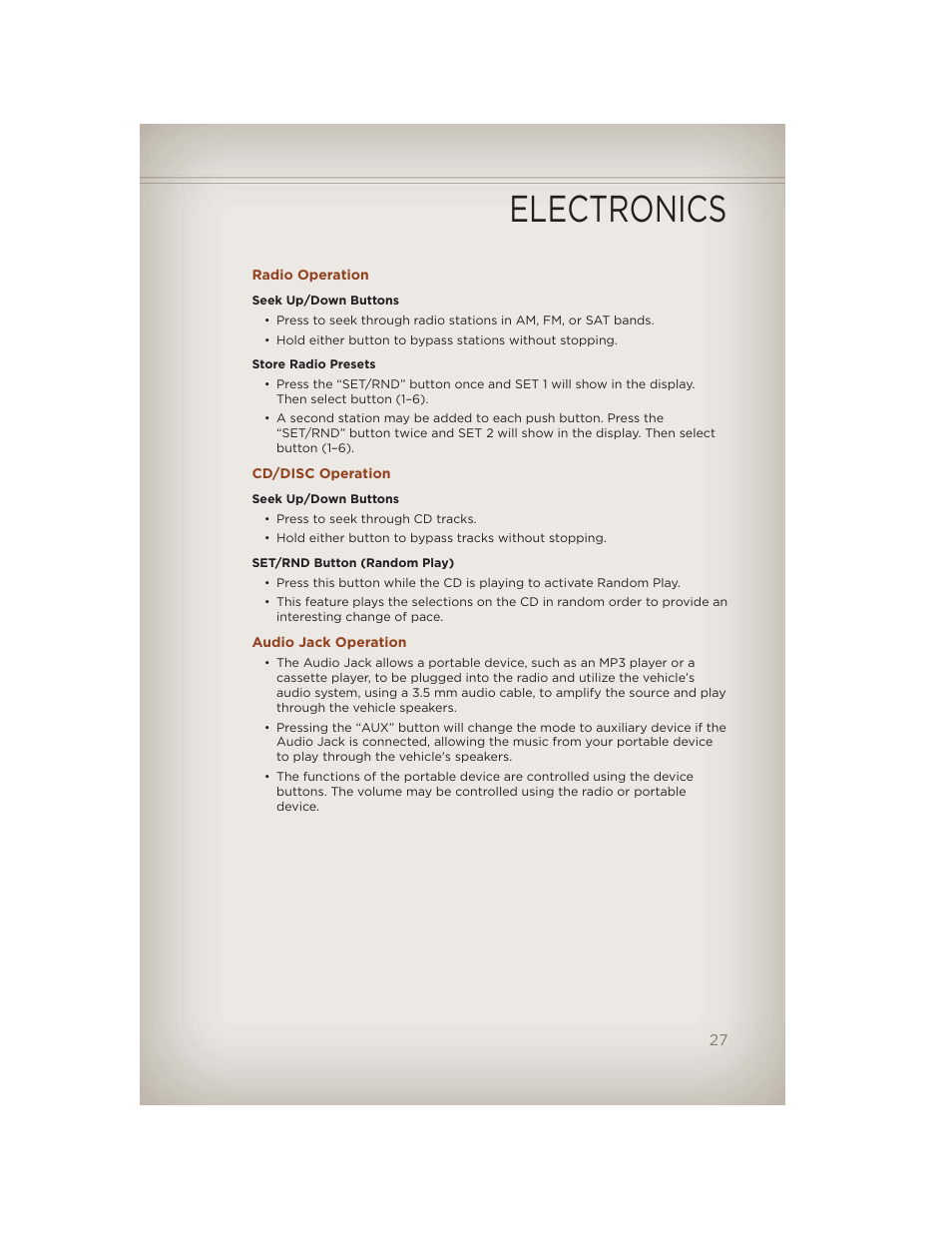 Radio operation, Cd/disc operation, Audio jack operation | Electronics | Jeep 2012 Compass - User Guide User Manual | Page 29 / 108