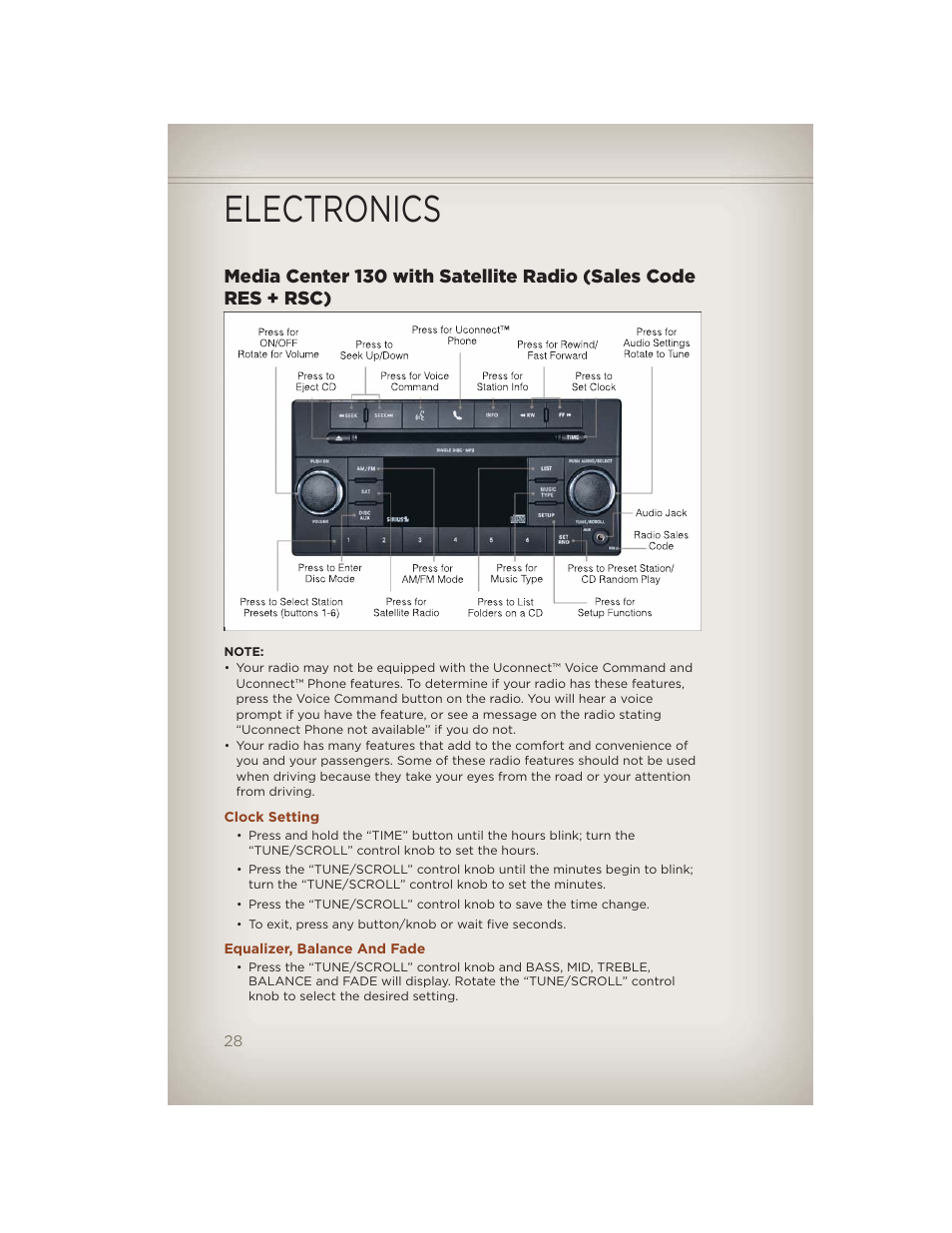 Clock setting, Equalizer, balance and fade, Electronics | Jeep 2012 Compass - User Guide User Manual | Page 30 / 108