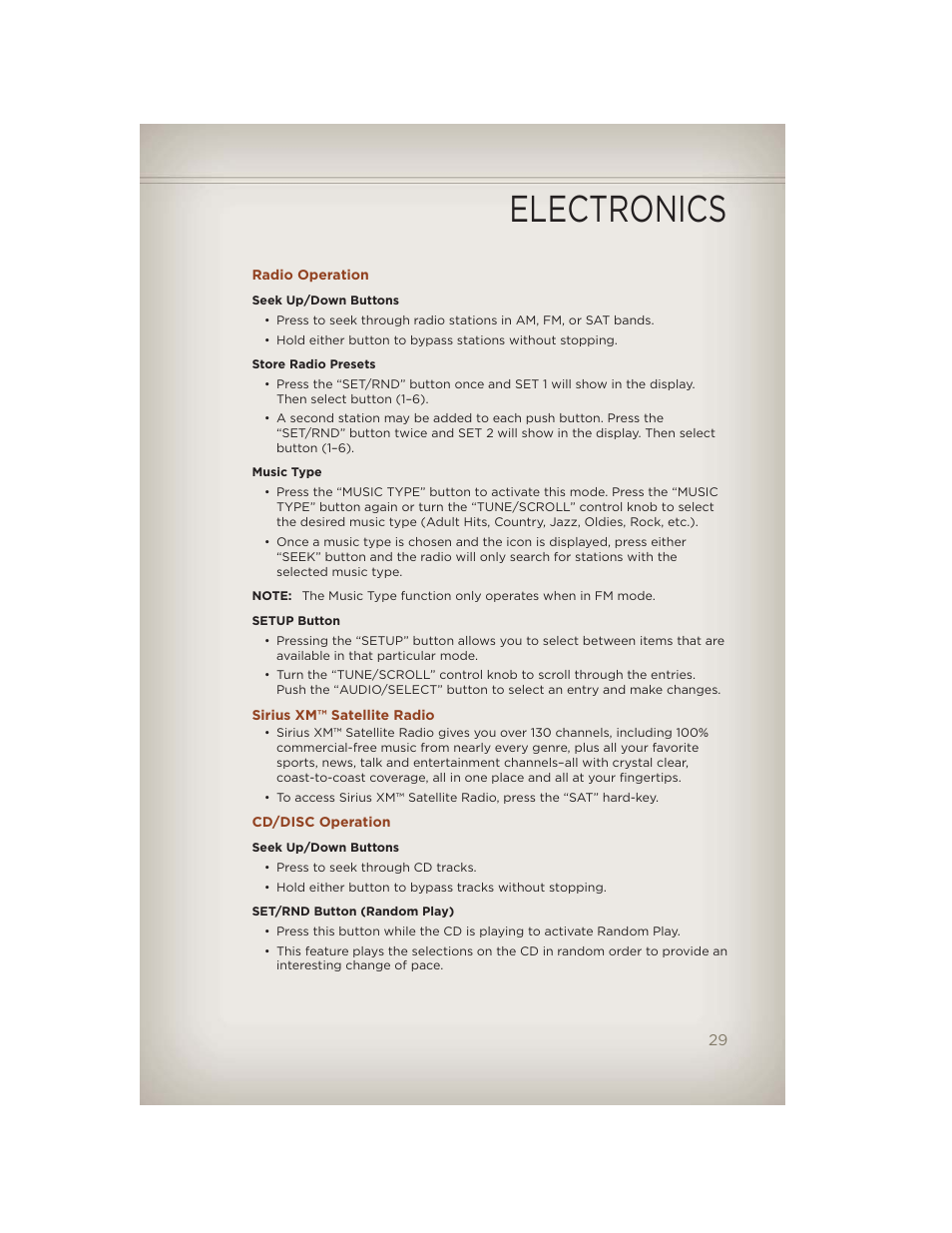 Radio operation, Sirius xm™ satellite radio, Cd/disc operation | Electronics | Jeep 2012 Compass - User Guide User Manual | Page 31 / 108