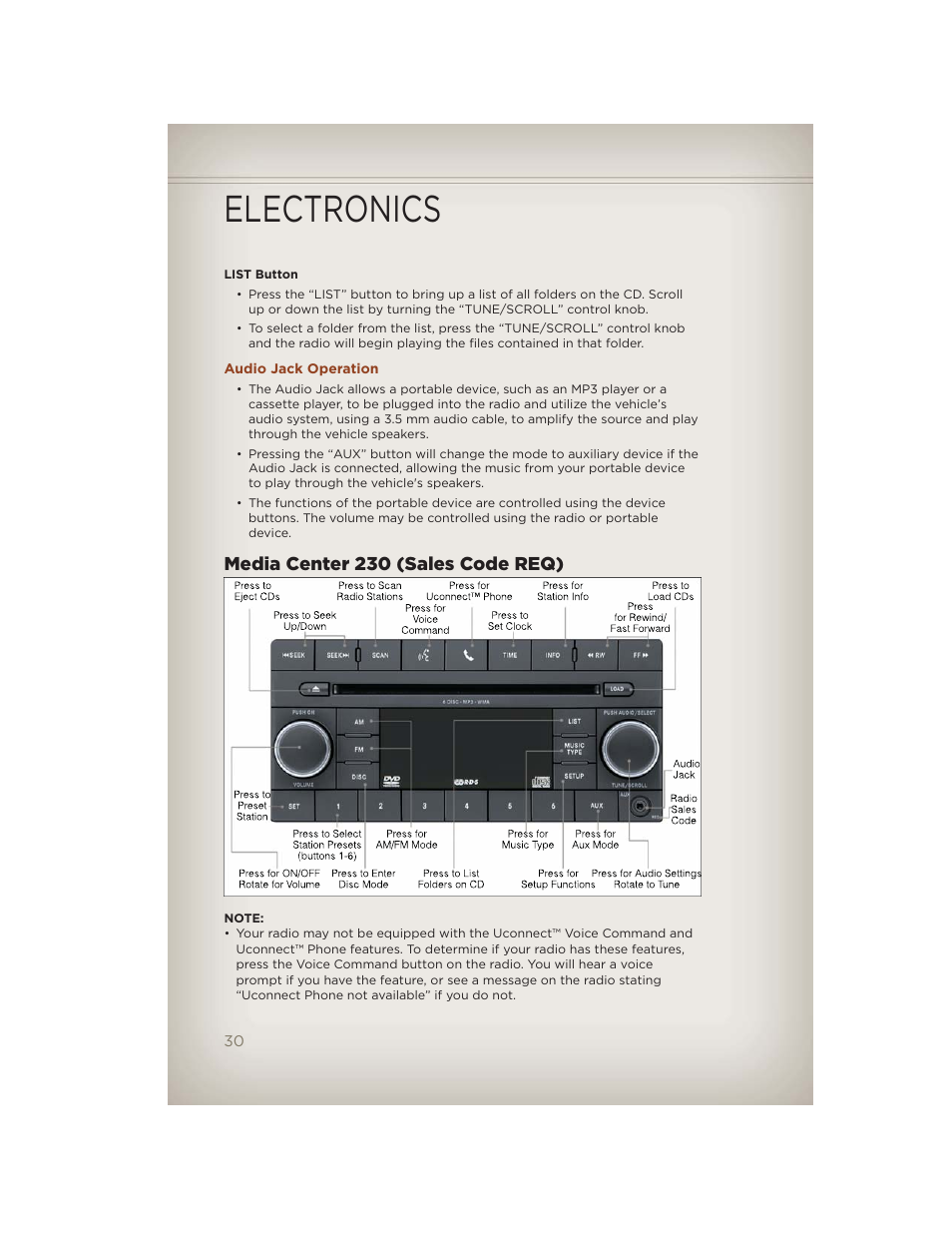 Audio jack operation, Media center 230 (sales code req), Electronics | Jeep 2012 Compass - User Guide User Manual | Page 32 / 108