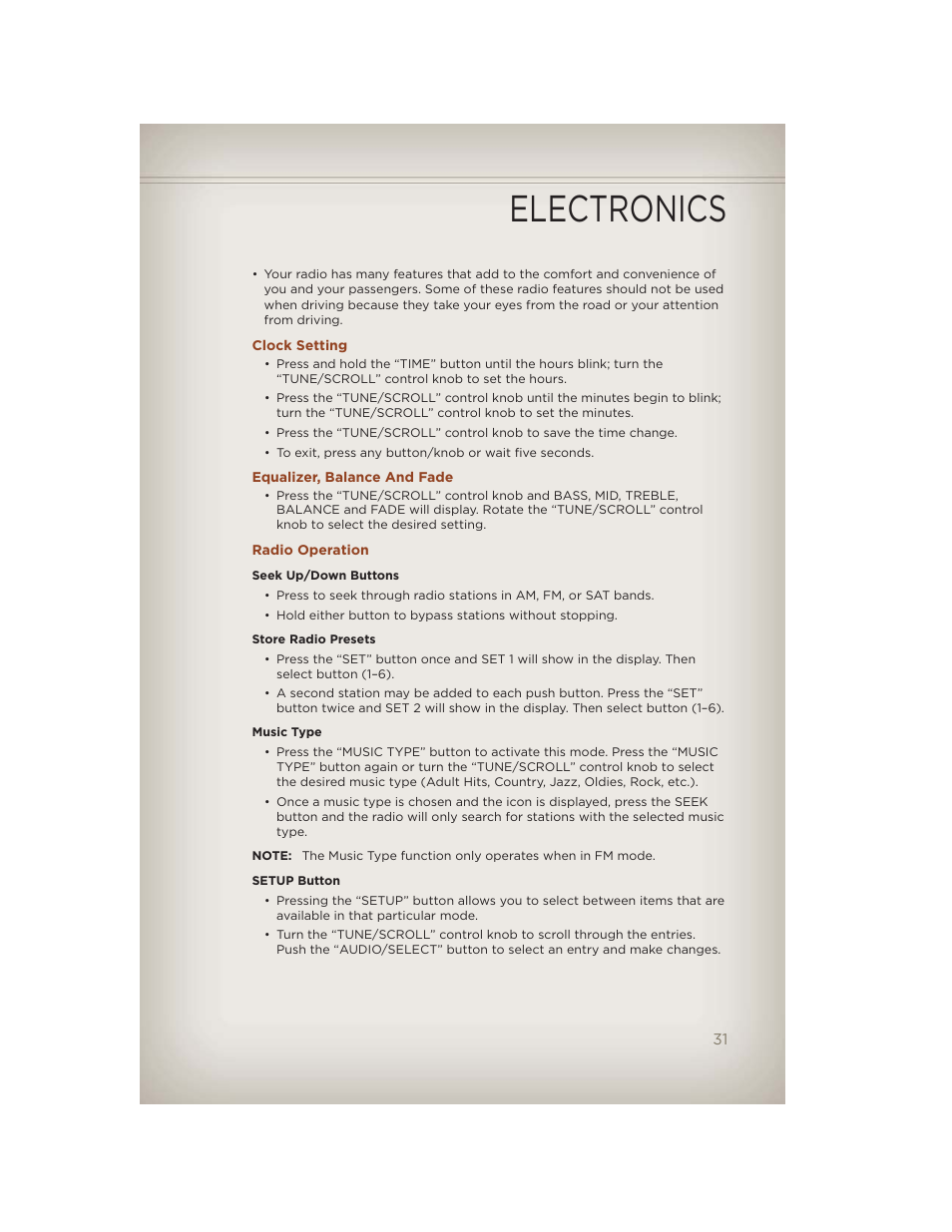 Clock setting, Equalizer, balance and fade, Radio operation | Electronics | Jeep 2012 Compass - User Guide User Manual | Page 33 / 108