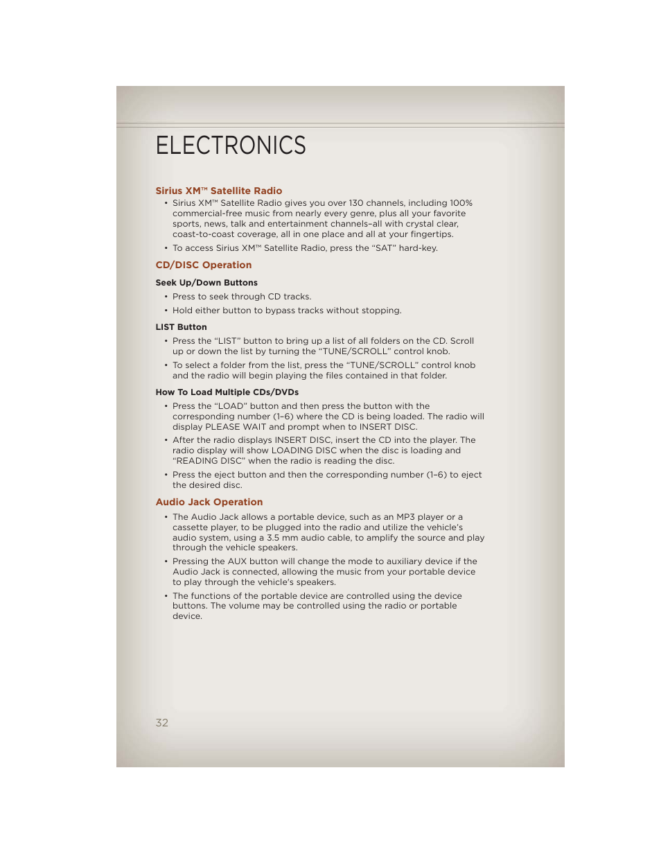 Sirius xm™ satellite radio, Cd/disc operation, Audio jack operation | Electronics | Jeep 2012 Compass - User Guide User Manual | Page 34 / 108