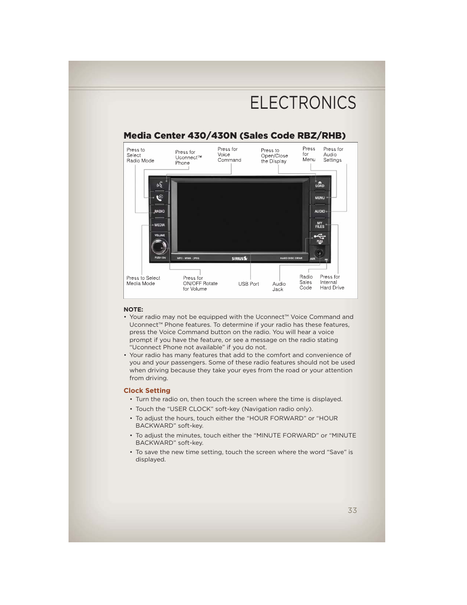 Media center 430/430n (sales code rbz/rhb), Clock setting, Electronics | Jeep 2012 Compass - User Guide User Manual | Page 35 / 108