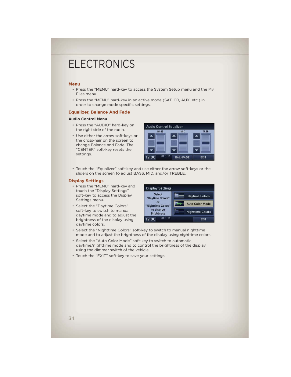 Menu, Equalizer, balance and fade, Display settings | Electronics | Jeep 2012 Compass - User Guide User Manual | Page 36 / 108