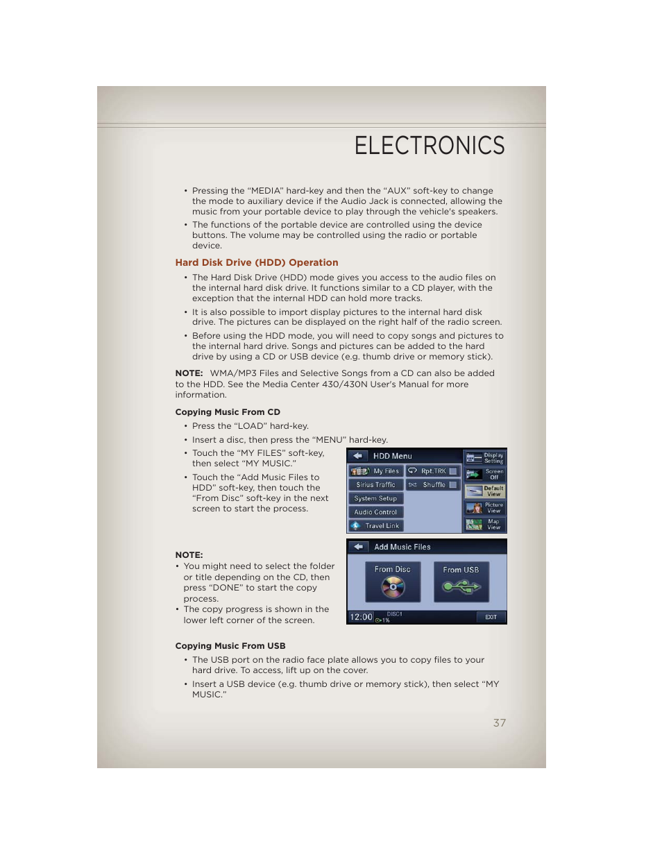 Hard disk drive (hdd) operation, Electronics | Jeep 2012 Compass - User Guide User Manual | Page 39 / 108