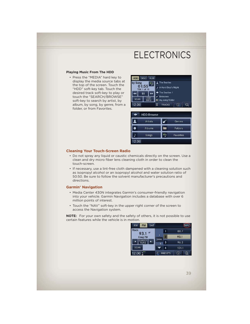 Cleaning your touch-screen radio, Garmin® navigation, Electronics | Jeep 2012 Compass - User Guide User Manual | Page 41 / 108